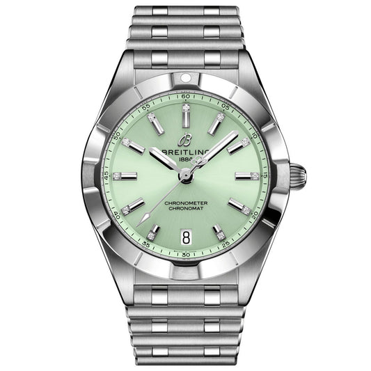 The BREITLING Chronomat 32 by Breitling features a striking mint green dial complemented by rectangular hour markers and a date window positioned at 6 o'clock. Its precision is guaranteed by the SuperQuartz™ chronometer, and it comes with a stainless steel link bracelet and luminous hands for a stylish look and easy readability.