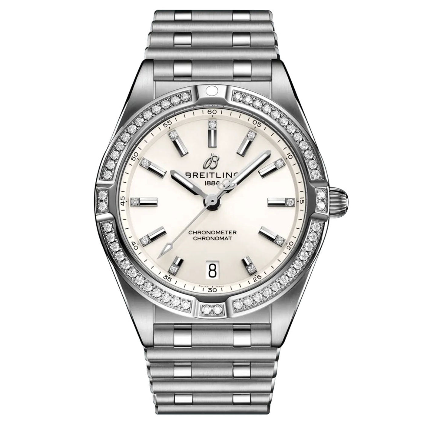 The BREITLING Chronomat 32 is a luxurious timepiece featuring a silver stainless steel bracelet, a diamond-set bezel, and a cream dial. It includes elegant features like a date window at 6 o'clock, silver hour markers, and bold watch hands powered by the SuperQuartz™ chronometer technology.