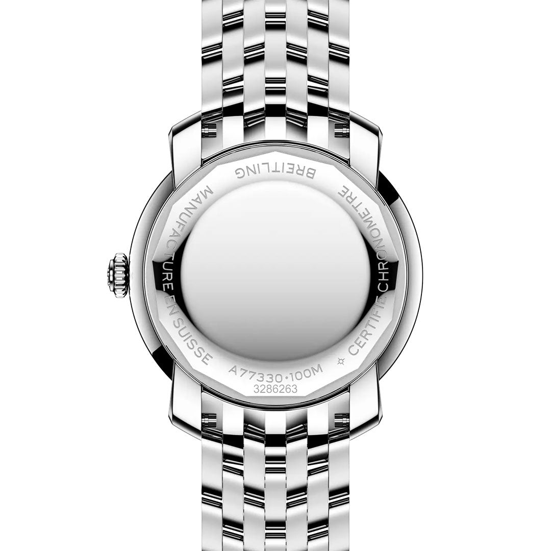 Back view of the BREITLING Lady Premier 32 shows its stainless steel band and engraved case back with model and certification details—an elegant timepiece from Breitling's Lady Premier collection.