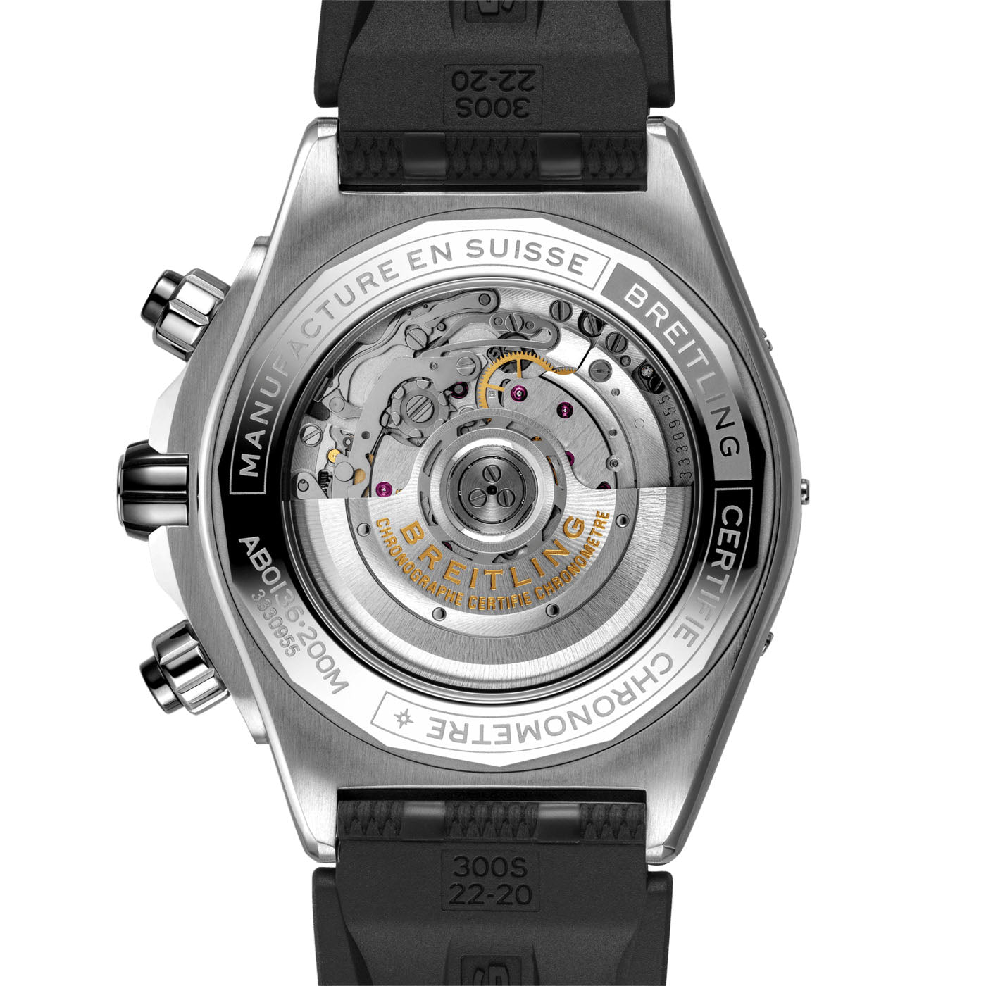 The image highlights the reverse side of a BREITLING Super Chronomat B01 44 watch, revealing its intricate mechanical movement through a transparent case back. The metal rim features brand details and specifications, paired with a black strap. This COSC-certified chronometer represents both precision and style.