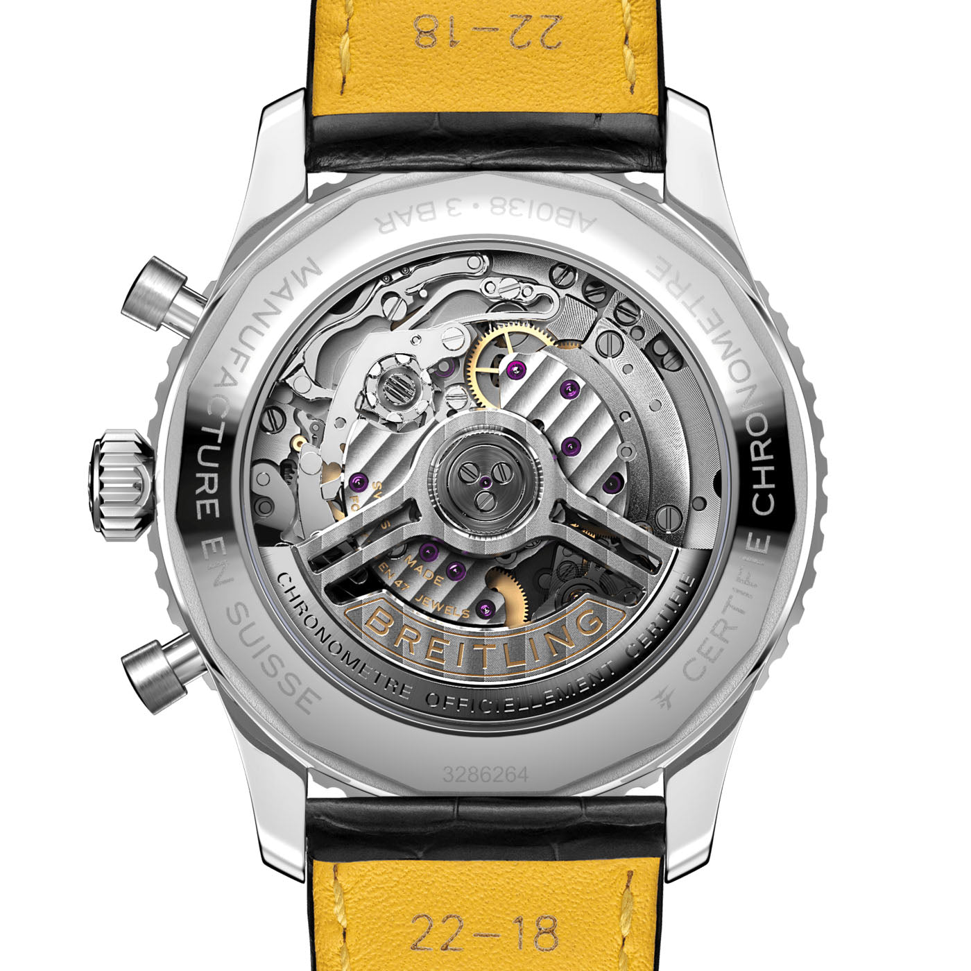 The image showcases the intricate mechanical movement of a BREITLING Navitimer B01 Chronograph 43. Visible are gears, screws, and a metal rotor. The watch features a black rim and a yellow strap with markings, embodying the elegance and precision of traditional Breitling chronographs.