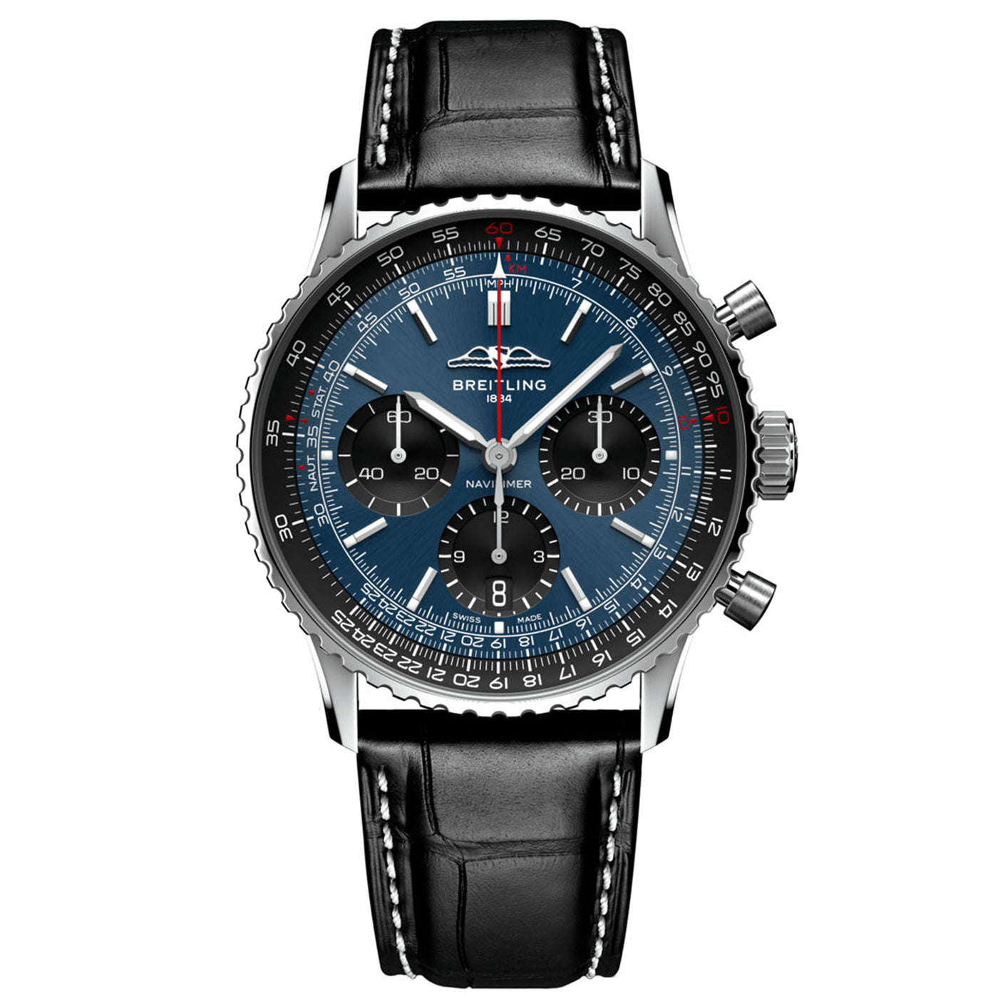 The BREITLING Navitimer B01 Chronograph 41 is a luxurious pilot's watch featuring a sophisticated black leather strap and an eye-catching blue and black dial. It includes multiple chronograph subdials along with sleek silver hands. The bezel has a distinctive gear-like texture, and "Breitling Navitimer" is elegantly printed on the dial.