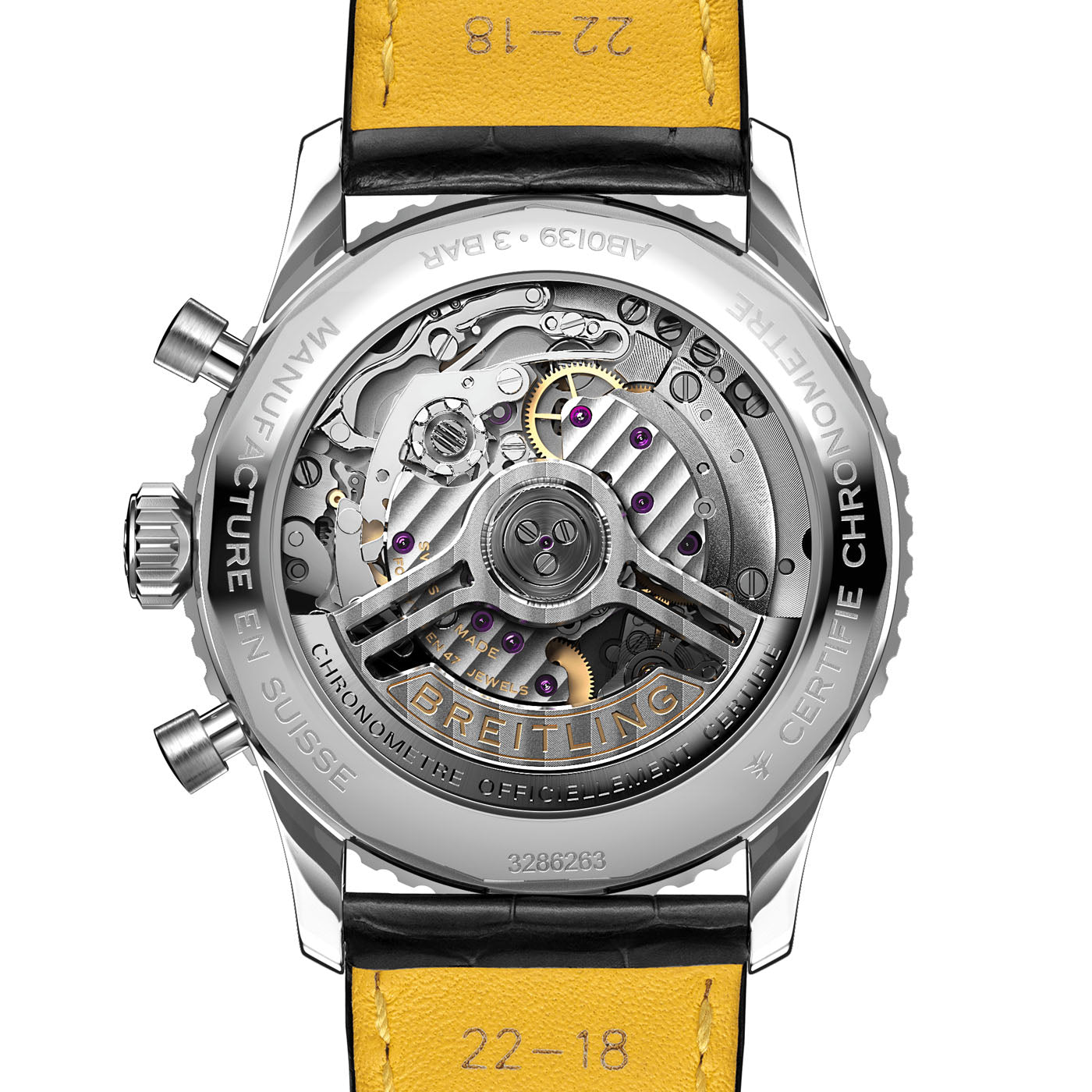 The image displays the rear view of the BREITLING Navitimer B01 Chronograph 41, featuring a transparent case that unveils its intricate mechanical movement. The phrase "Manufacture en Suisse" is engraved along the edge, and its leather strap features a yellow interior, paying homage to its legacy as an iconic pilot's watch.