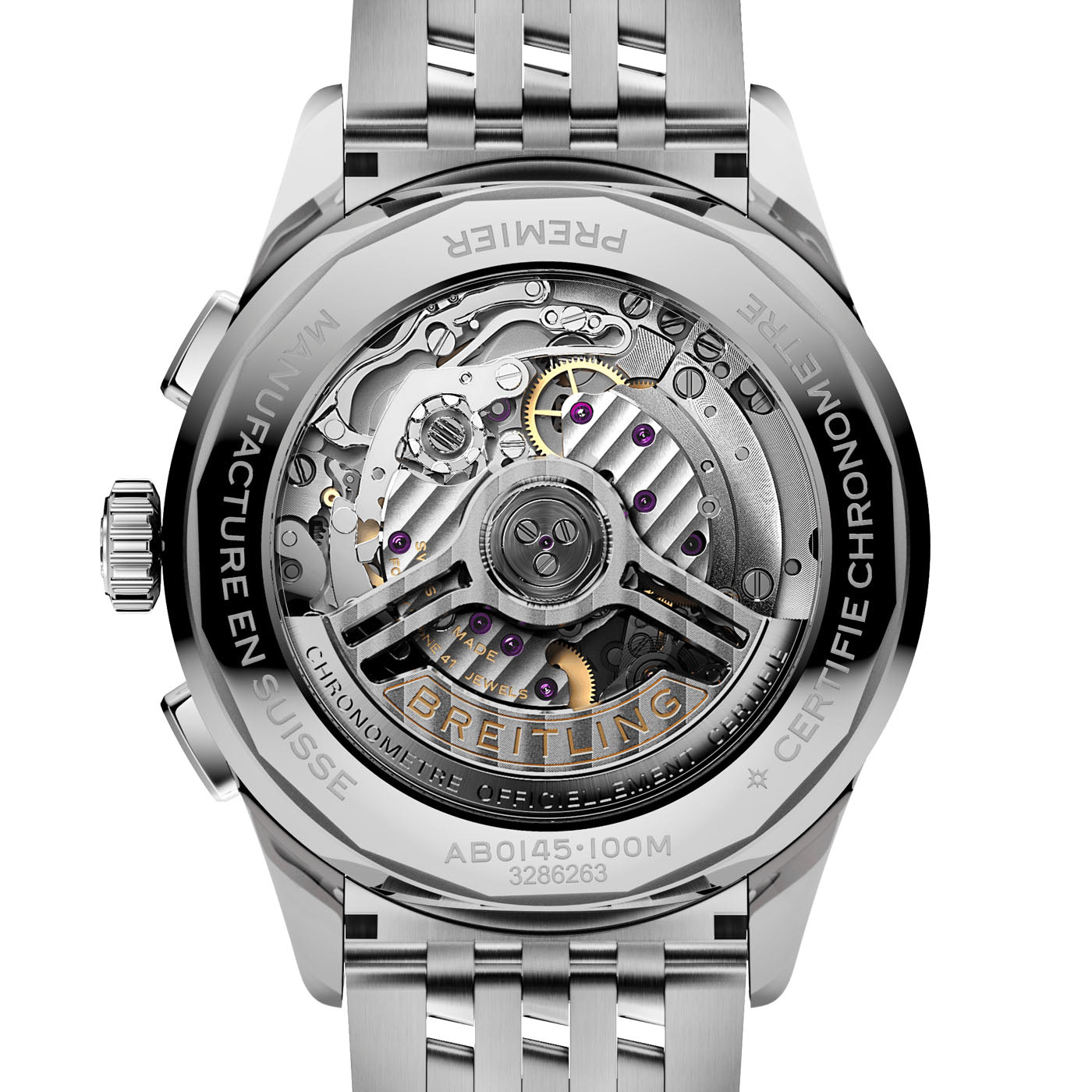 The image showcases the back of the BREITLING Premier B01 Chronograph 42, revealing its intricate mechanical movement. The metallic gears and components are arranged with precision, featuring the Breitling Manufacture Caliber 01. The stainless steel strap complements the sophisticated design.