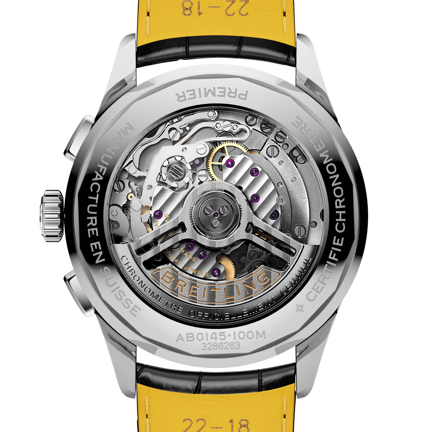 Close-up of the luxurious BREITLING Premier B01 Chronograph 42, featuring a transparent case back that showcases the intricate self-winding mechanical movements and gears. It includes engraved text around the rim and comes with a vibrant yellow strap.