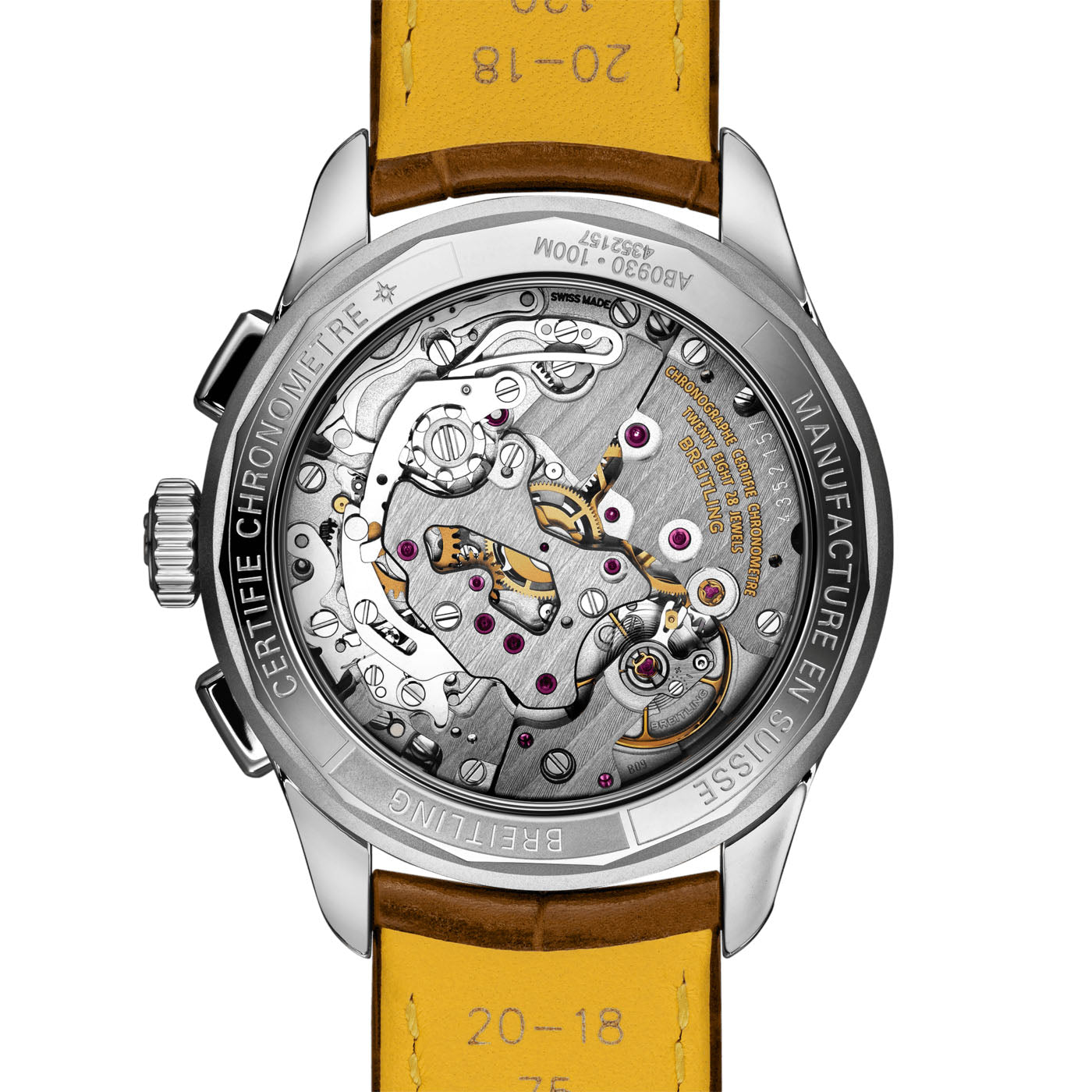 An intricate image of the BREITLING Premier B09 Chronograph 40's back reveals the detailed mechanical movement, showcasing visible gears and components. The metal casing enhances its vintage-inspired design, while the yellow strap features numbers and text imprinted on it, reminiscent of the classic Breitling Premier Chronograph style.