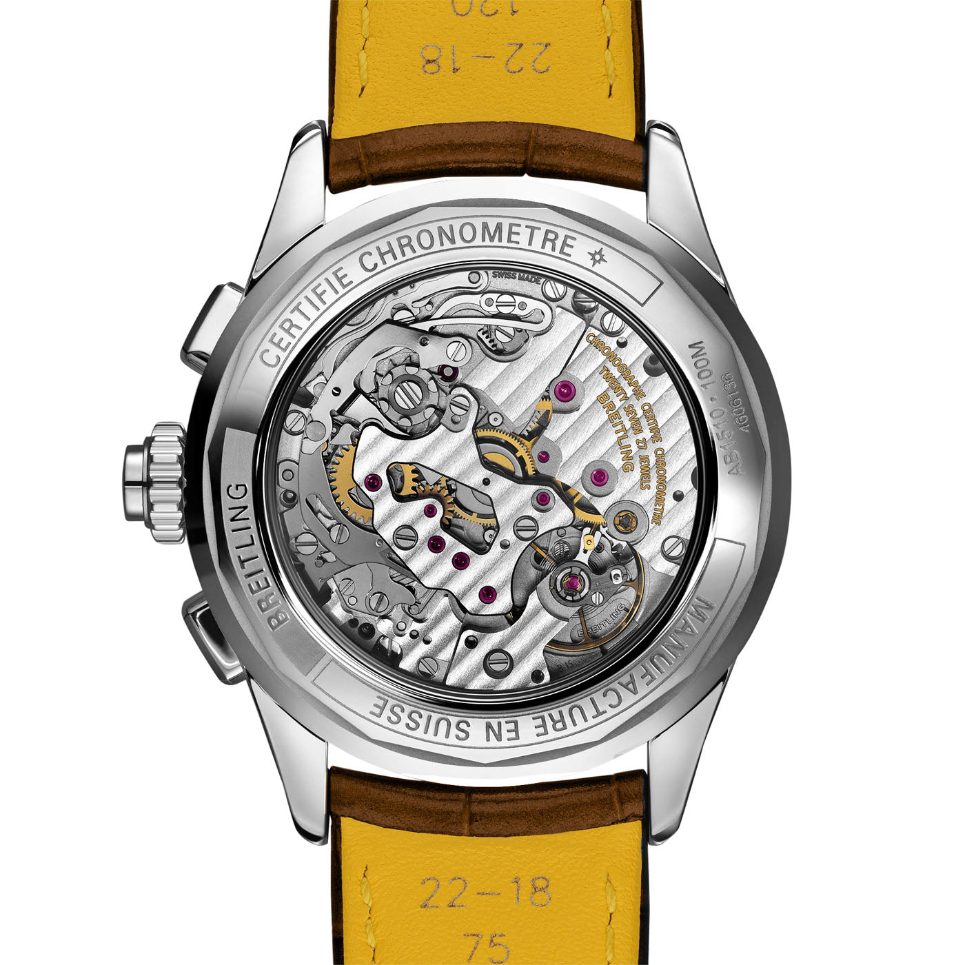 The image showcases the back of a luxury wristwatch, emphasizing its intricate mechanical movements. The metal case and visible gears feature the labels "Certifie Chronometre" and "Manufacture en Suisse." The yellow leather strap elegantly complements its chronograph complications, similar to a BREITLING Premier B15 Duograph 42.