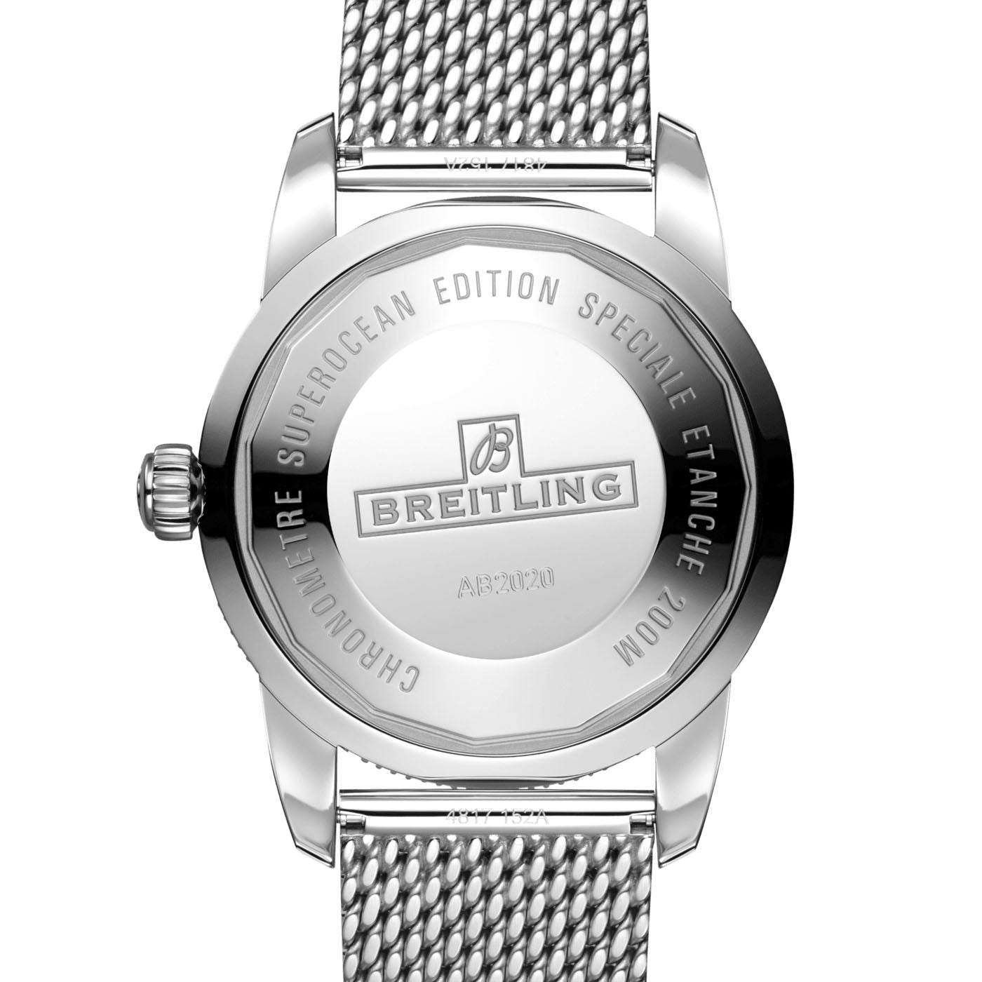 The image showcases the back of a Breitling watch, highlighting the silver stainless steel case with engravings "Superocean Heritage Edition Speciale Etanche 200M" and the logo. This diver's watch, modeled as the BREITLING Superocean Heritage B20 Automatic 46, is equipped with a mesh bracelet and embodies the precision of Breitling Manufacture Caliber B20.