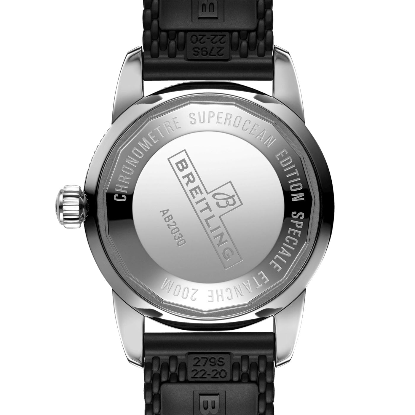 The image presents the reverse side of a Breitling Superocean Heritage B20 Automatic 44 diver’s watch, featuring a sturdy stainless steel case paired with a black textured strap. The back is adorned with engraved details, such as the watch model and edition, along with its water resistance capabilities, showcasing its robust design powered by the Breitling Manufacture Caliber B20.