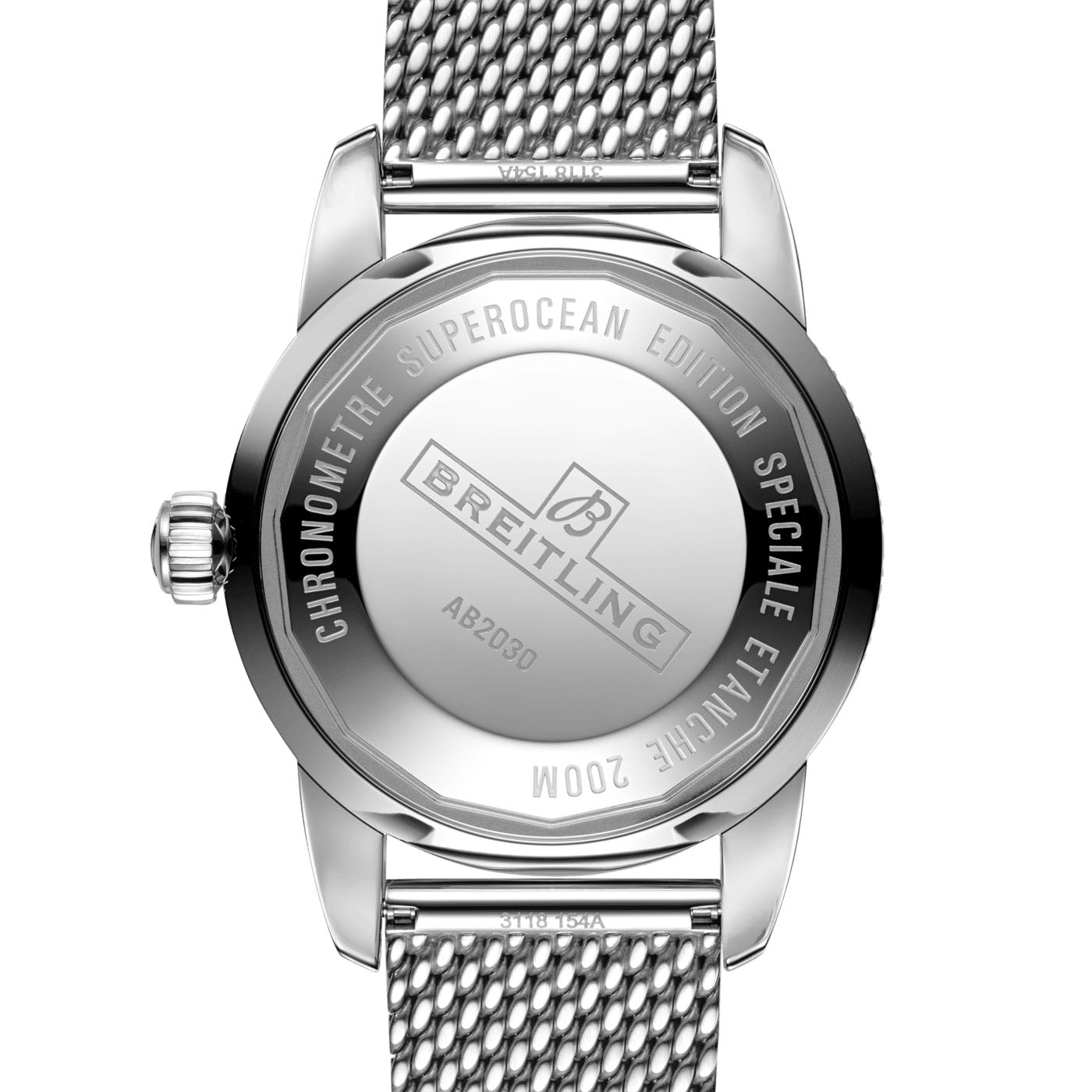 The BREITLING Superocean Heritage B20 Automatic 44 features a polished stainless steel casing and a mesh metal wristband. Powered by the acclaimed Breitling Manufacture Caliber B20, this diver's watch perfectly blends style with exceptional performance for ocean enthusiasts.