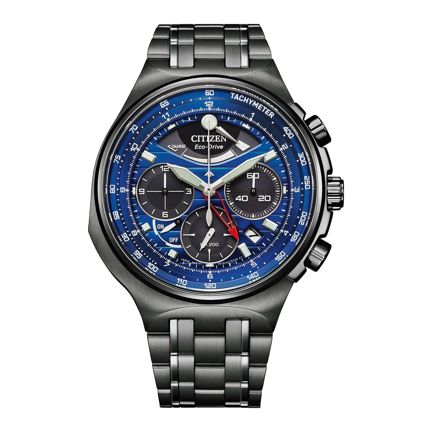 Introducing the CITIZEN Calibre 2100 Eco-Drive 44mm Watch Limited Edition, this impressive timepiece combines functionality with elegance. It features a stainless steel bracelet and a striking blue tachymeter dial adorned with multiple sub-dials and side buttons. The design is both sporty and sophisticated, powered by advanced Eco-Drive technology.