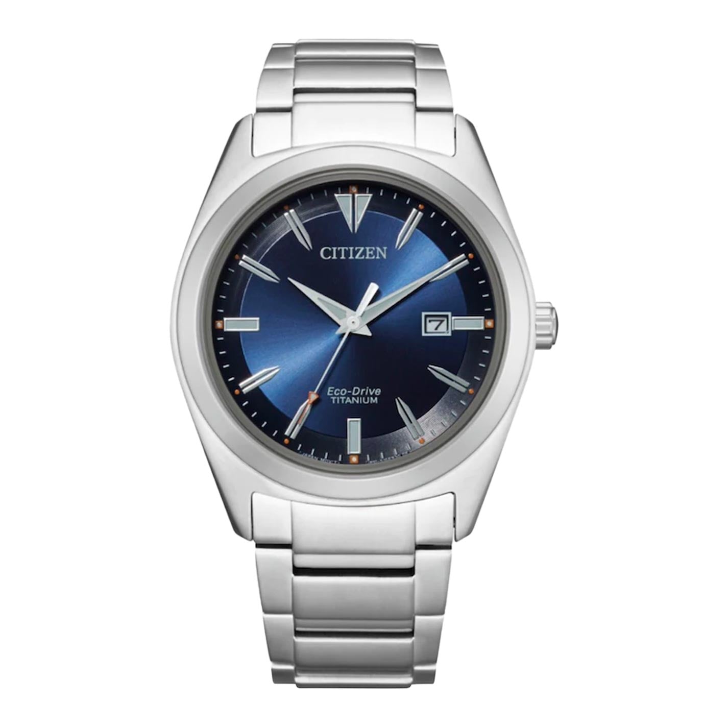 Introducing the CITIZEN Super Titanium Eco-Drive 42mm Watch, featuring a stylish blue dial with silver markers and a date window positioned at 3 o'clock. Its luminous hands move gracefully over the sophisticated layout, accentuated by a sleek metal strap and silver casing, all beautifully captured against a plain white background.