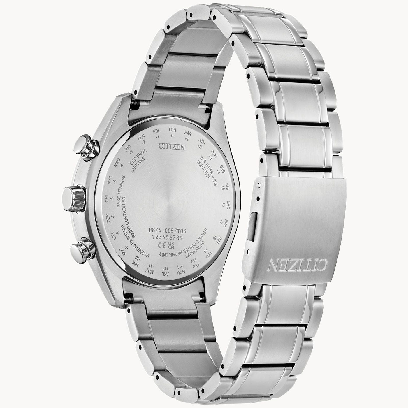 The CITIZEN Tsuki-yomi A-T Atomic Time Keeping Super Titanium 43mm watch is displayed, showcasing its Eco-Drive technology. The back features city names and codes, along with the CITIZEN brand name and serial numbers. This sleek timepiece comes with side buttons for easy adjustment.