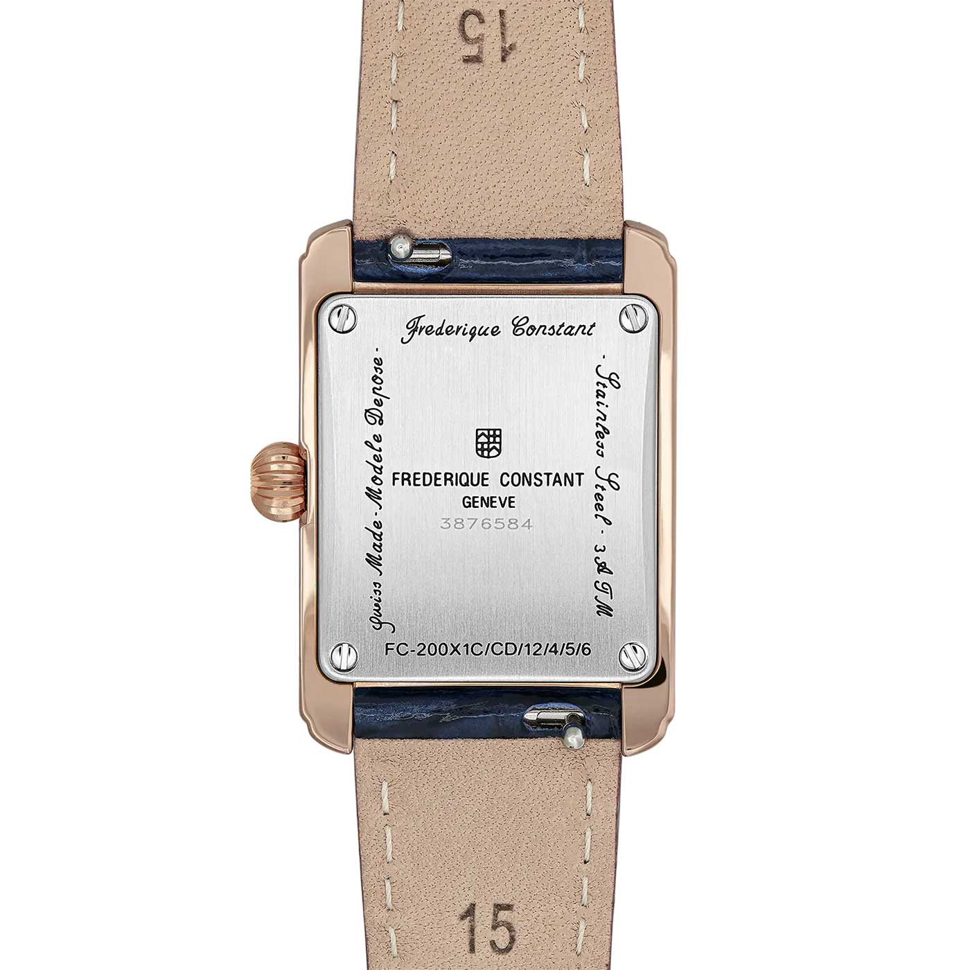 The back view of the Frederique Constant Classics Carree Ladies Quartz 23mm x 21mm Watch exudes elegance, highlighting its serial number and model details on the metal plate. The beige leather strap is adorned with the number "15," while classical Roman numeral indexes enhance its timeless appeal.