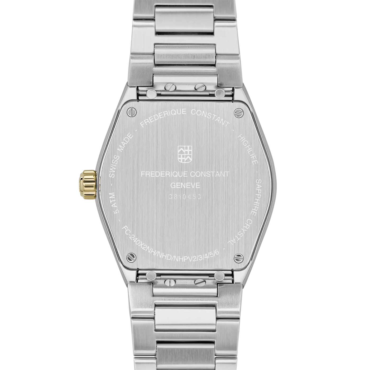 The image displays the reverse side of a silver Frederique Constant Highlife Ladies Quartz 31mm Watch, featuring a stainless steel case and metal bracelet. It includes a gold crown and engraved text that details the Frederique Constant brand, location "Geneve," and specifications around the rim.