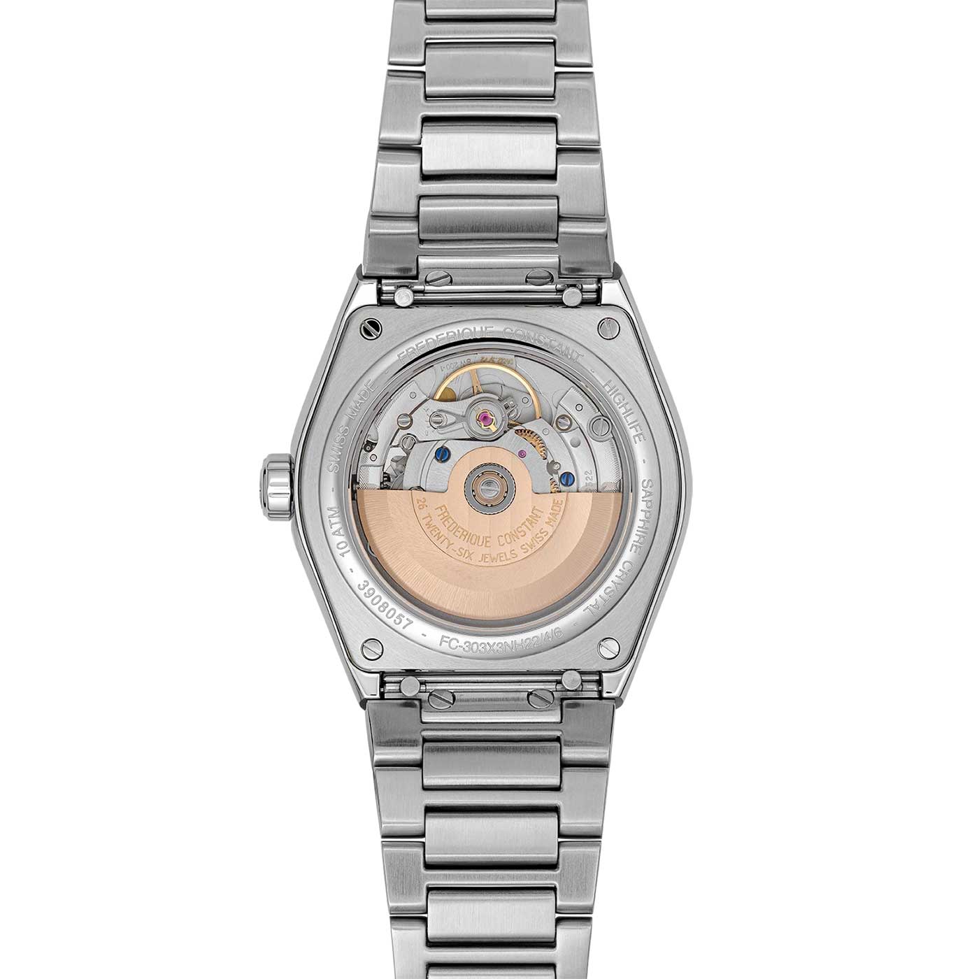 Back view of the Frederique Constant Highlife Automatic 39mm Watch shows its exposed automatic movement with visible gears and rotor, highlighted by engraved text on the stainless steel case back—a blend of durability and COSC-certified precision.