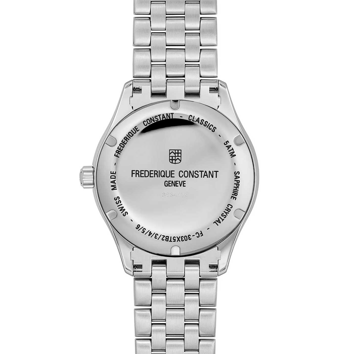 The image depicts the back of a Frederique Constant Classics Automatic 40mm Watch, complete with a stainless steel strap. It boasts detailed engravings that emphasize its Swiss-made craftsmanship, sapphire crystal, model details, and the automatic FC-303 calibre.