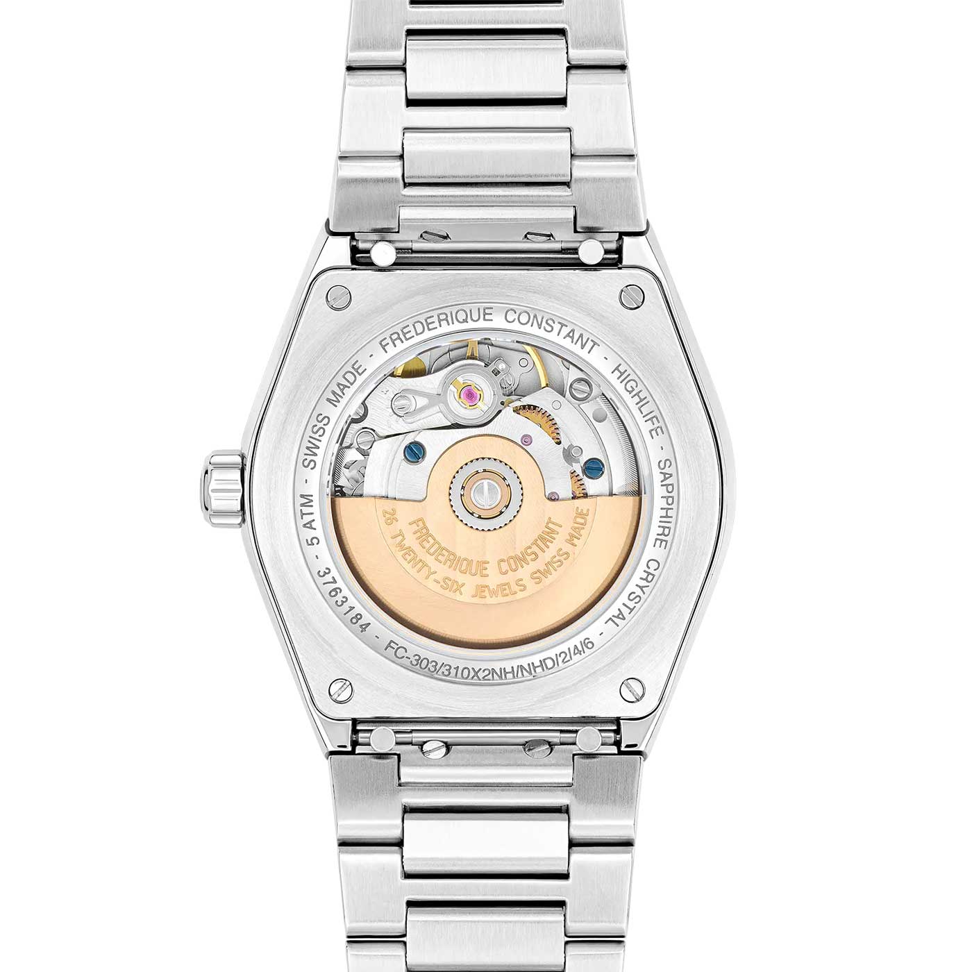 The image showcases the Frederique Constant Highlife Ladies Automatic 34mm Watch, highlighting its intricate mechanical movement. This sophisticated timepiece features a silver metal case with a transparent window that elegantly reveals the internal gears and components, seamlessly integrated into a sleek metal bracelet. It exudes elegance and sophistication, making it perfect for any occasion.