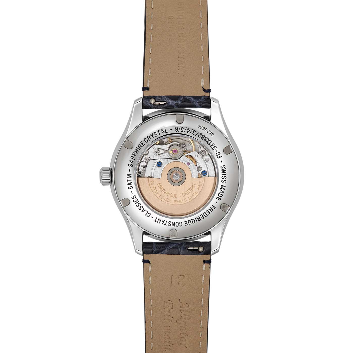 The back view of the Frederique Constant Classics Elegance Automatic 36mm Watch reveals its mechanical movement through a transparent case. Paired with a beige leather strap, this Frederique Constant timepiece exudes sophistication with its intricate metal casing.