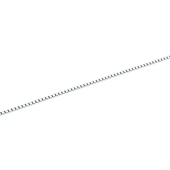 A thin, diagonal steel cable against a white backdrop resembles a 20-inch box chain with the sophistication of Raffi Jewellers Canada's 14k white gold.