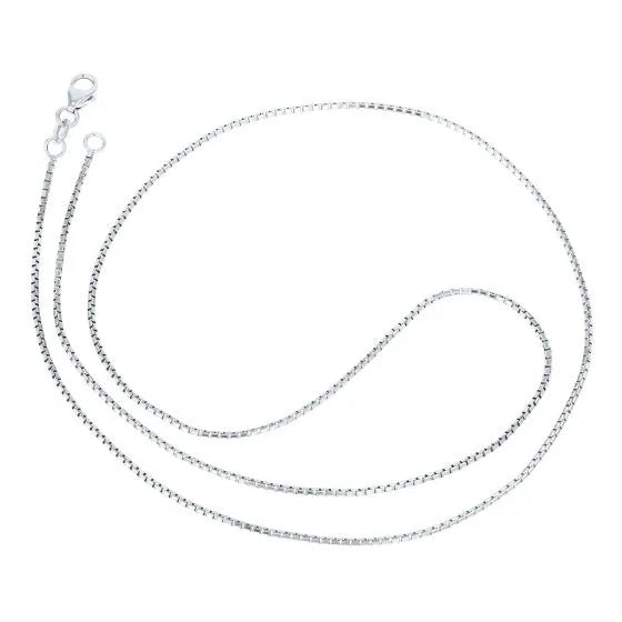 A 20-inch box chain necklace in silver from Raffi Jewellers - Canada is displayed in a swirl on a white background, featuring a small lobster clasp for secure fastening.