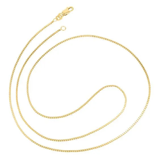 A 20-inch delicate box chain necklace in 14k white gold from Raffi Jewellers - Canada is shown on a white background. The chain, elegantly coiled with shiny rectangular links and a lobster clasp, showcases its sophisticated design.