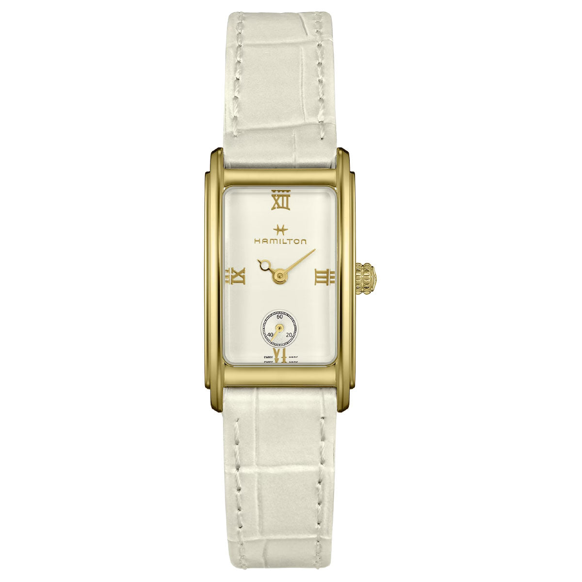 The Hamilton American Classic Ardmore Quartz 18.7mm X 27mm Watch by Hamilton Watch features a gold-toned rectangular case in an art-deco style, paired with an alligator-imitation leather strap. It has a white dial adorned with Roman numerals at 12, 3, 6, and 9 o'clock and includes a small sub-dial above the 6 o'clock position with refined gold hands and markers.