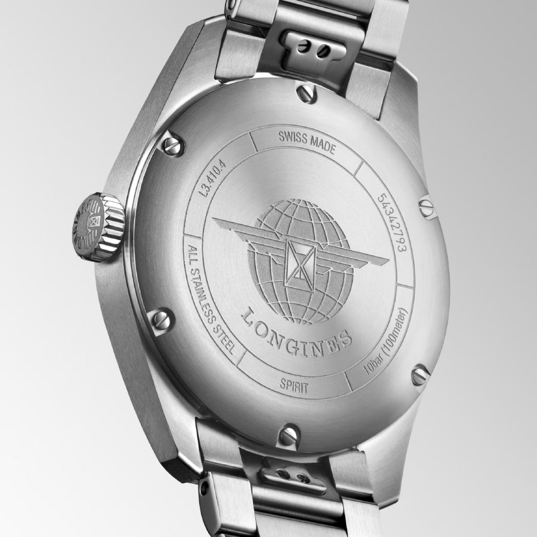 The image shows the Longines Spirit Automatic 37mm Watch's back, featuring an engraved logo with a globe, labeled "Swiss Made" and "Spirit," with visible model and serial numbers. The stainless steel watch has a metal bracelet.