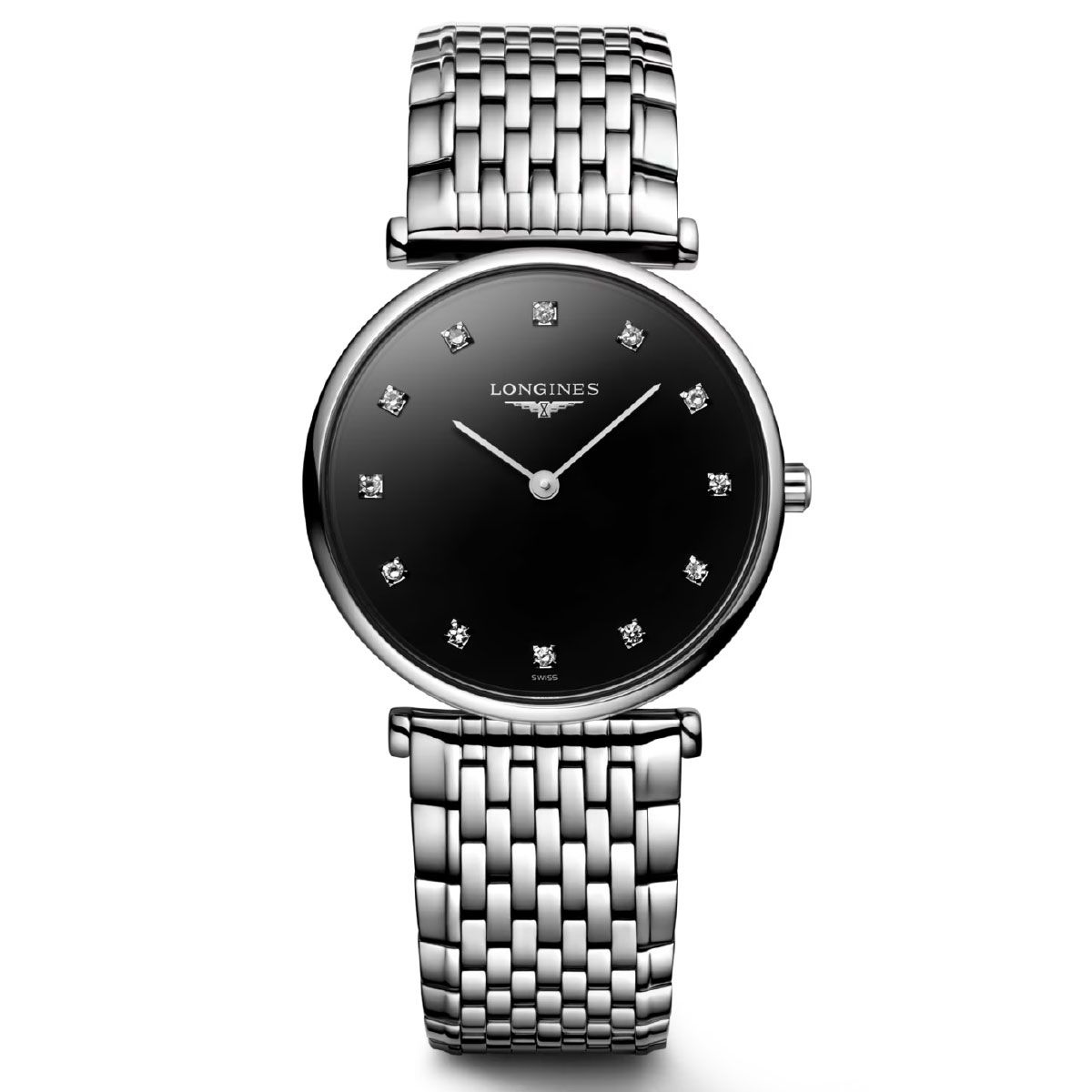 Introducing the Longines La Grande Classique Quartz 29mm Watch, a sophisticated timepiece featuring a polished silver metal bracelet and a round black dial. Its ultra-thin design adds to its minimalist appeal, showcasing silver hour markers and hands alongside the signature "Longines" logo on the face. This watch truly captures the timeless elegance of La Grande Classique de Longines.