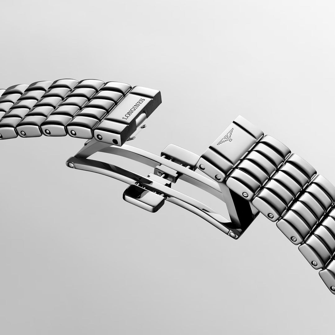 A stainless steel Longines Mini Dolcevita Quartz 21.5 x 29mm Watch bracelet with an open butterfly clasp.