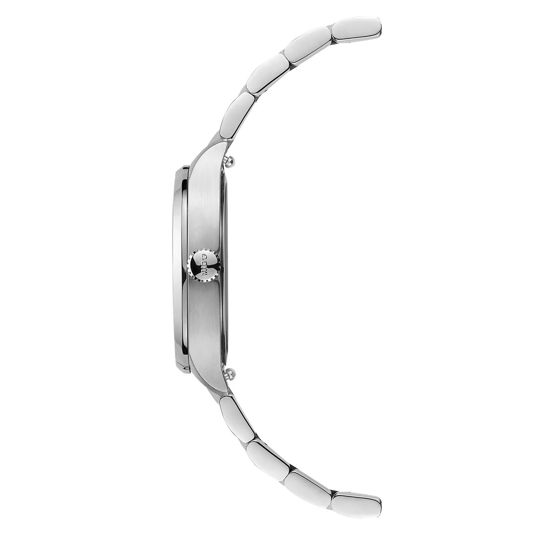 Side view of the MIDO Multifort TV Quartz 28mm Watch in silver metal, featuring a round case, stainless steel bracelet, and prominent crown. The watch is positioned horizontally to highlight its slim profile and gracefully curved bracelet links—distinctive features of MIDO’s renowned precision craftsmanship within the Multifort TV collection and its dependable quartz movement.