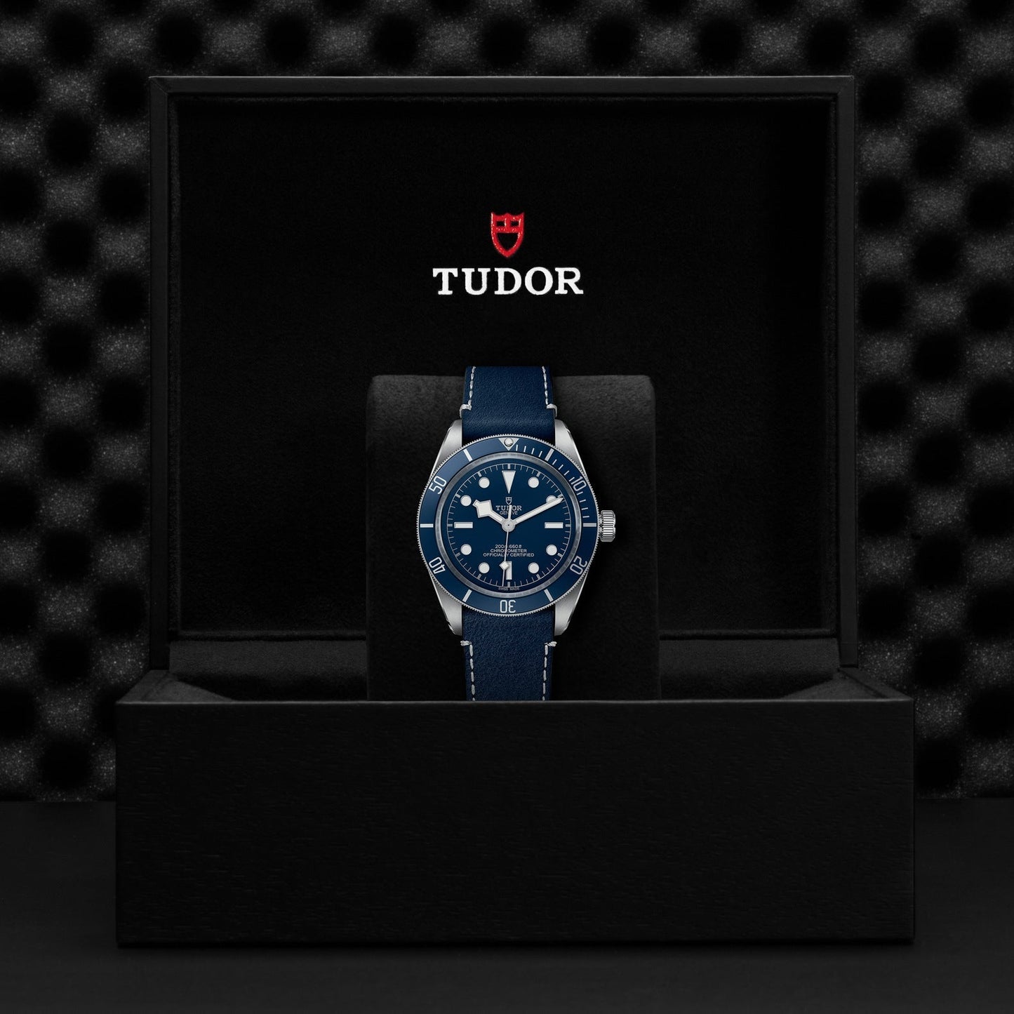A luxurious TUDOR Black Bay 58 wristwatch featuring a blue dial and strap is elegantly showcased in an open black box with a soft interior. "TUDOR" is written in white above a red shield logo on the inside lid. The background has a textured dark pattern.