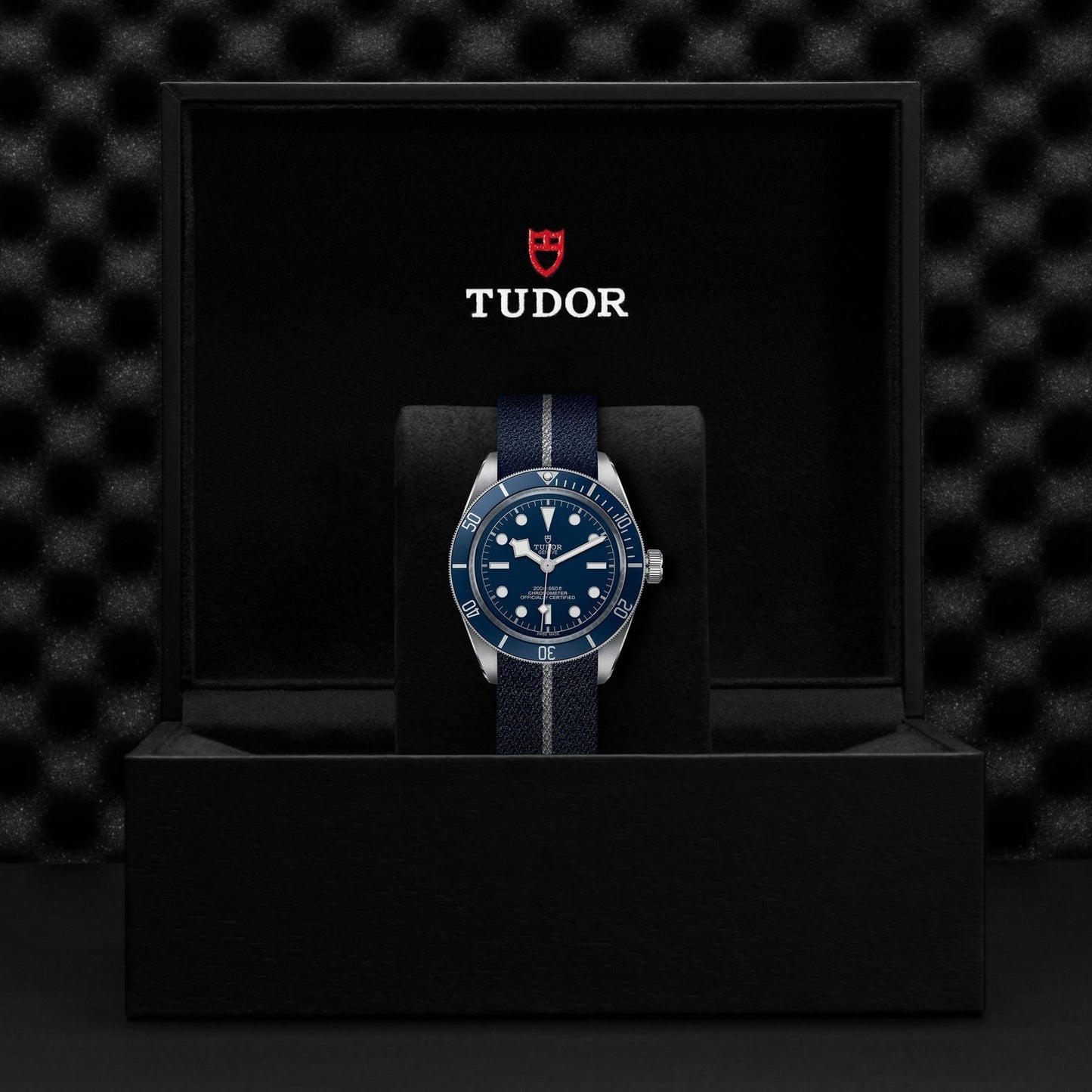 The TUDOR Black Bay 58, featuring a striking blue face and fabric strap, is elegantly showcased in a black Tudor box adorned with the brand's logo. The box’s soft and structured interior accentuates the watch’s silver detailing.