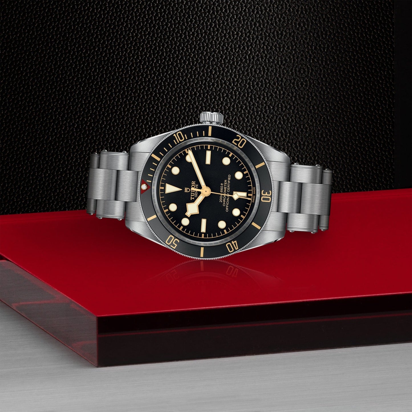 Displayed on a geometric red and black surface is the TUDOR Black Bay 58, a luxury dive watch with a black and gold face. Featuring a round dial, sleek steel bracelet, luminescent hour markers, and a rotating bezel, this TUDOR creation echoes elegance.
