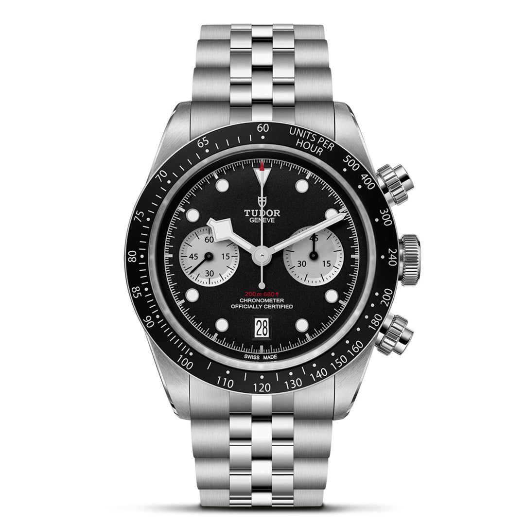 The TUDOR Black Bay Chrono sports watch combines elegance with athletic flair, featuring a stainless steel case, black dial with silver subdials, a date window at 6 o'clock, and a tachymetric bezel. Its bracelet showcases a polished and brushed metal finish.