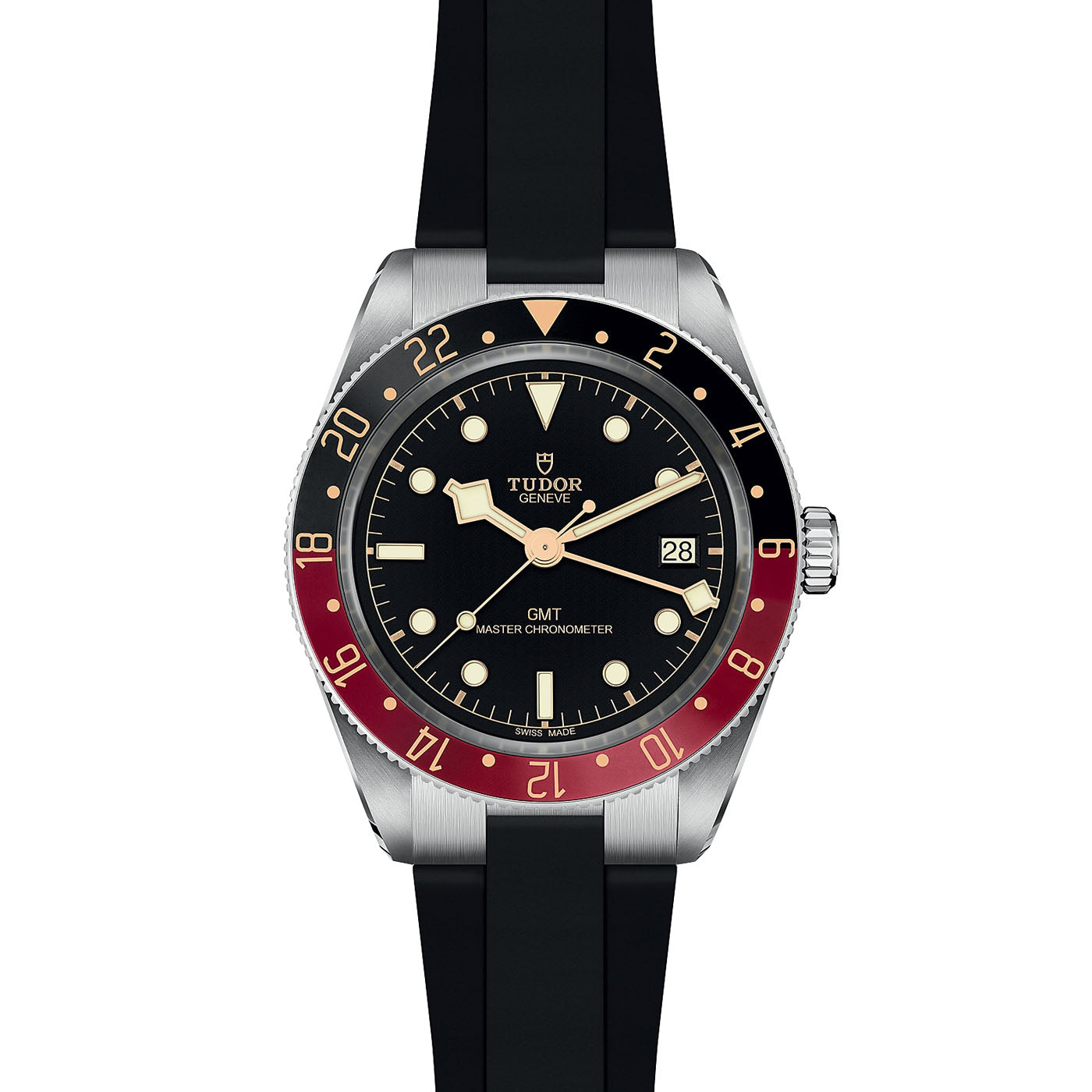The TUDOR Black Bay 58 GMT dive watch exudes luxury with its black dial featuring white and gold hour markers, accentuated by a red and black bezel. It includes a date display and proudly displays the "GMT Master Chronometer" label on its face. Paired seamlessly with a durable black rubber strap, this watch epitomizes timeless elegance.