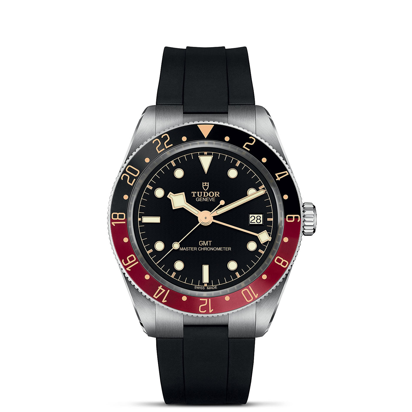 The TUDOR Black Bay 58 GMT showcases a black dial with silver hour markers and an eye-catching red and blue bezel. Equipped with a rubber strap, this watch features "GMT Master Chronometer" branding on the dial and includes a convenient date display on the right side of the face for enhanced functionality.
