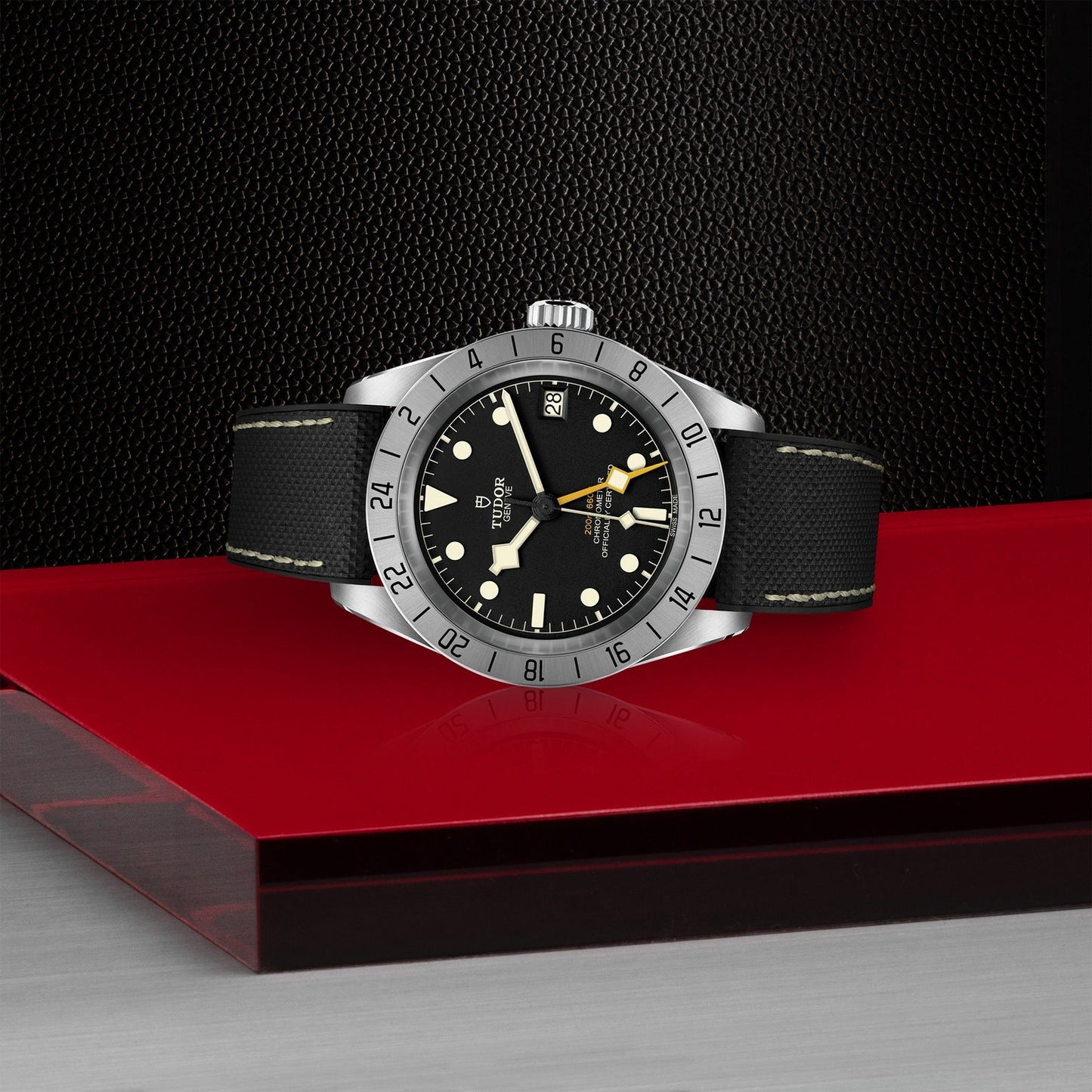 A TUDOR Black Bay Pro luxury wristwatch, showcasing a black dial and silver bezel, rests on a glossy red surface. Equipped with the TUDOR Manufacture Calibre MT5652, it features a black leather strap, date display, and luminous markers. A textured black panel in the background further enhances its elegance.