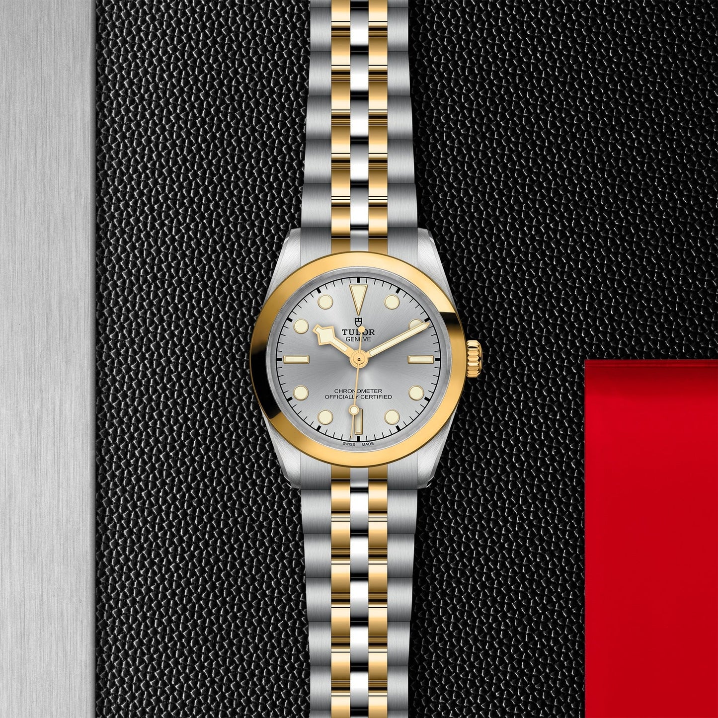 The TUDOR Black Bay One 31 S&G luxury watch is showcased on a textured black background, featuring a steel and yellow gold bracelet, silver dial, gold accents such as markers and bezel, with a striking red element on the right.
