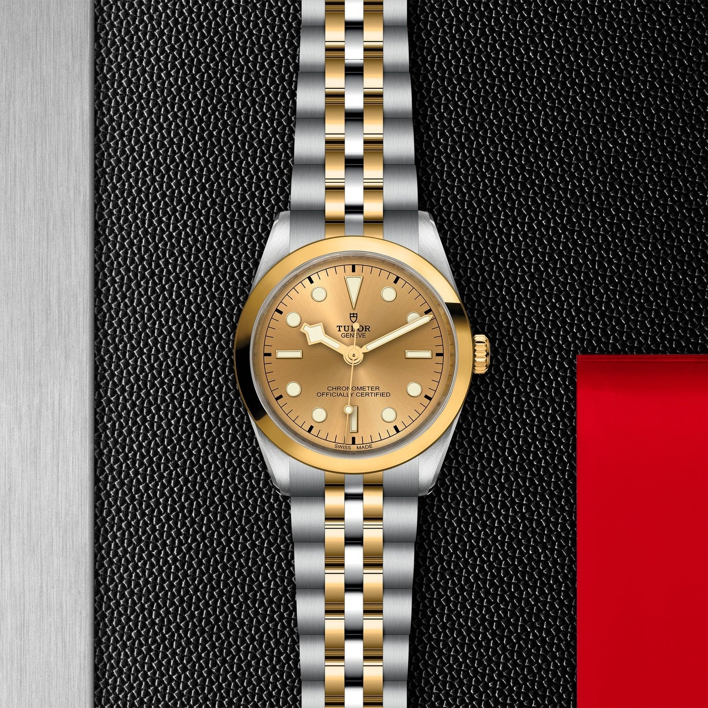 The TUDOR Black Bay One 36 S&G, a luxury timepiece with a gold face and silver-and-gold bracelet, sits against a textured black backdrop. This 36mm steel case watch echoes the Black Bay collection and sports striking metallic contrasts and a red detail on the image's right side.