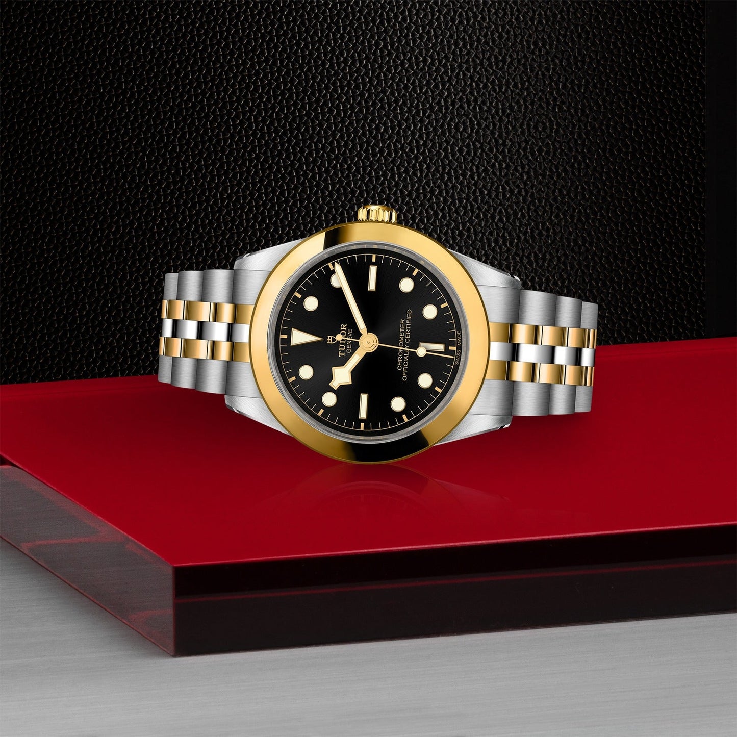 The luxurious TUDOR Black Bay One 39 S&G wristwatch features a 39mm steel case, black dial, gold hour markers, and a gold bezel. Complemented by a two-tone gold and silver bracelet, it is elegantly displayed on red against a textured black background reminiscent of iconic divers' watches.