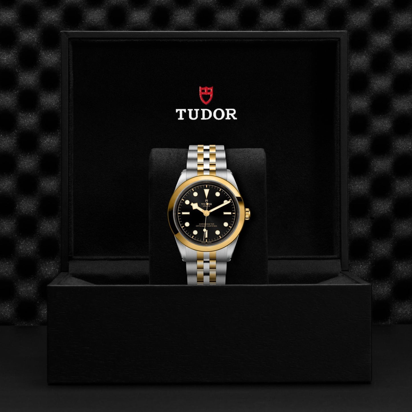 The TUDOR Black Bay One 41 S&G wristwatch, featuring a black dial and a two-tone design reminiscent of TUDOR divers' watches, rests elegantly in an open black box. The word "TUDOR" and a red logo appear inside the lid, with its 41mm steel case contrasting against the dark background.
