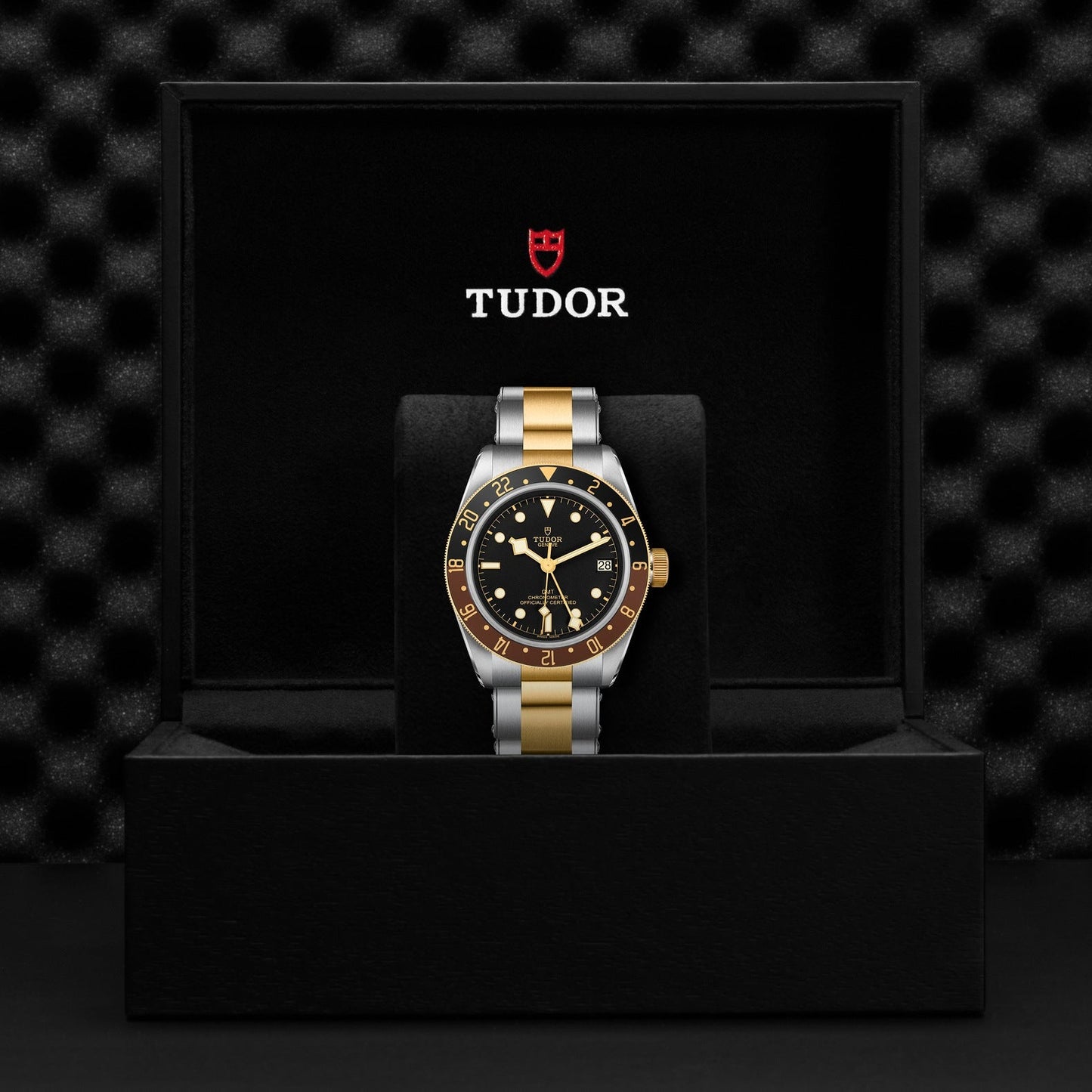 Presented in an open black box featuring a red TUDOR logo on the lid, the TUDOR Black Bay GMT S&G wristwatch showcases a striking black and gold rotatable bezel. The watch's stainless steel and gold bracelet stands out beautifully against a textured black background.