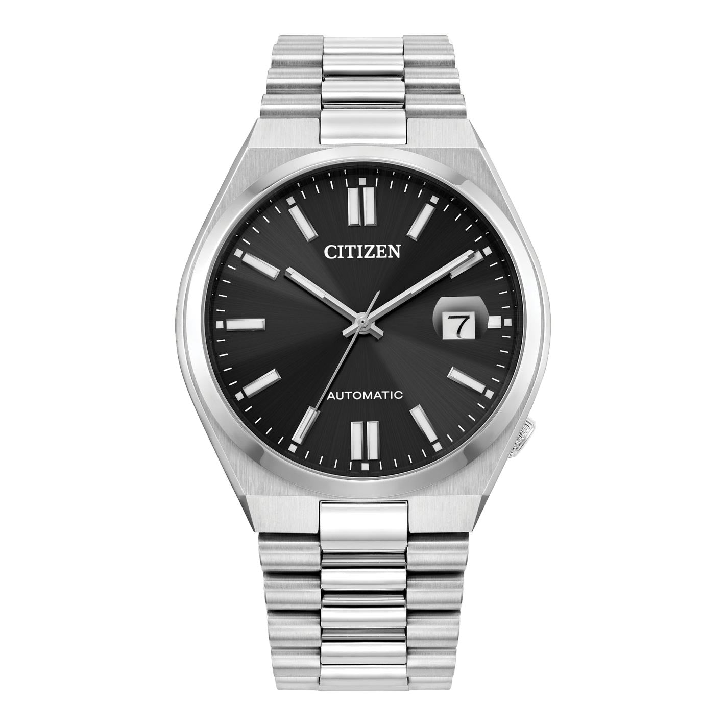 Discover the CITIZEN TSUYOSA Collection Automatic Mechanical 40mm Watch, featuring a sleek silver metal band and a striking black dial. This watch showcases silver hour markers and hands, along with a convenient date window at the 3 o'clock position. The term "Automatic" is prominently displayed above the 6 o'clock mark, emphasizing its automatic movement and water resistance features.
