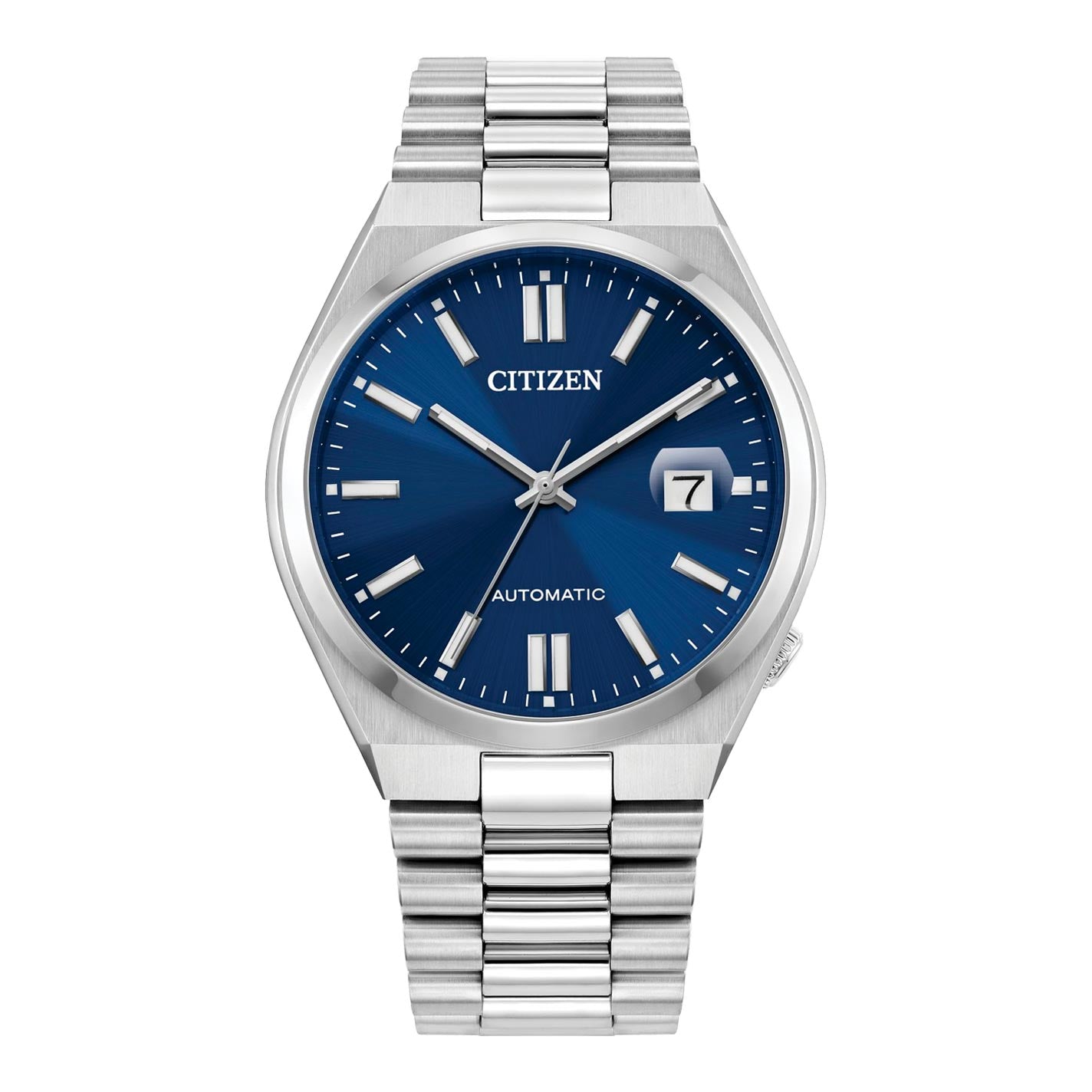 The CITIZEN TSUYOSA Collection Automatic Mechanical 40mm Watch showcases ultramodern sports styling with its stainless steel bracelet and blue dial. It features silver hour markers, a date window at the 3 o'clock position, and displays "Citizen" and "Automatic" on the face. Its automatic movement is safeguarded by sapphire crystal, with the hands indicating 10:09.