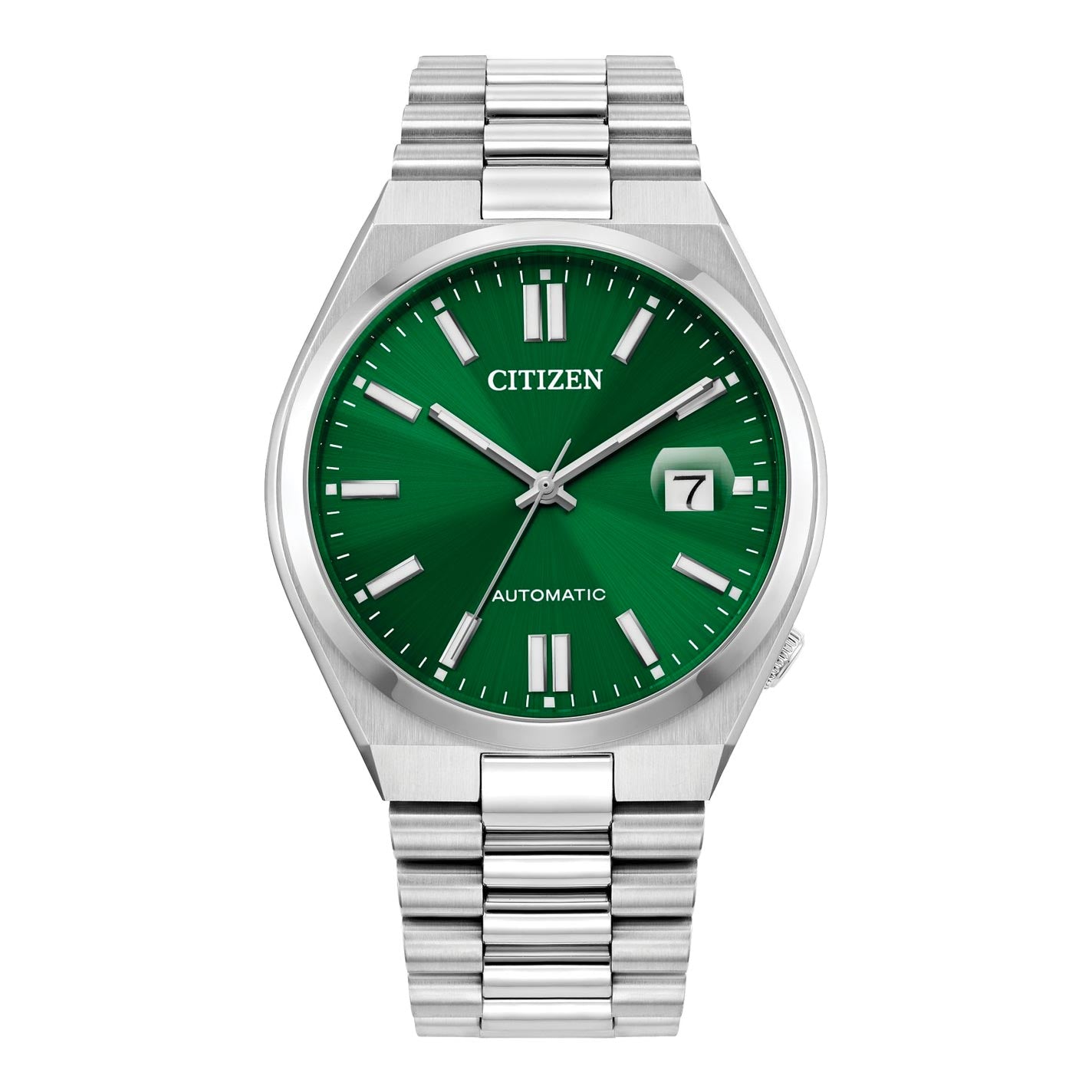 The CITIZEN TSUYOSA Collection Automatic Mechanical 40mm Watch showcases ultramodern sports styling with a stainless steel band and a sunray green dial featuring silver hour markers. This watch combines functionality with sleek design, offering an automatic mechanism and a date window at the 3 o'clock position.