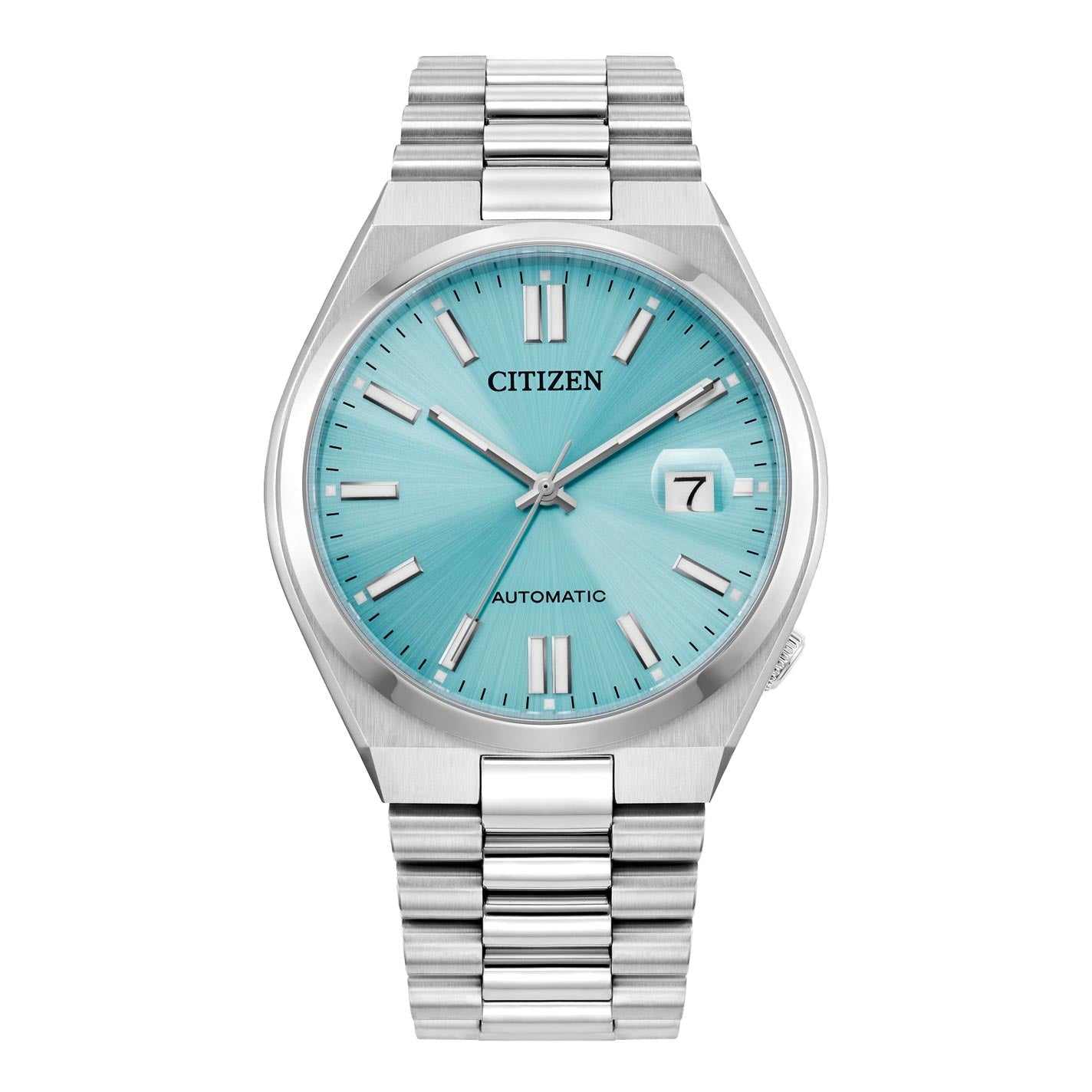 The CITIZEN TSUYOSA Collection Automatic Mechanical 40mm Watch features a silver stainless steel band and a turquoise dial. It includes silver hour markers, hands, and an automatic movement with a date window positioned at the 7 o'clock mark. The words "Citizen" and "Automatic" emphasize its ultramodern sports design.