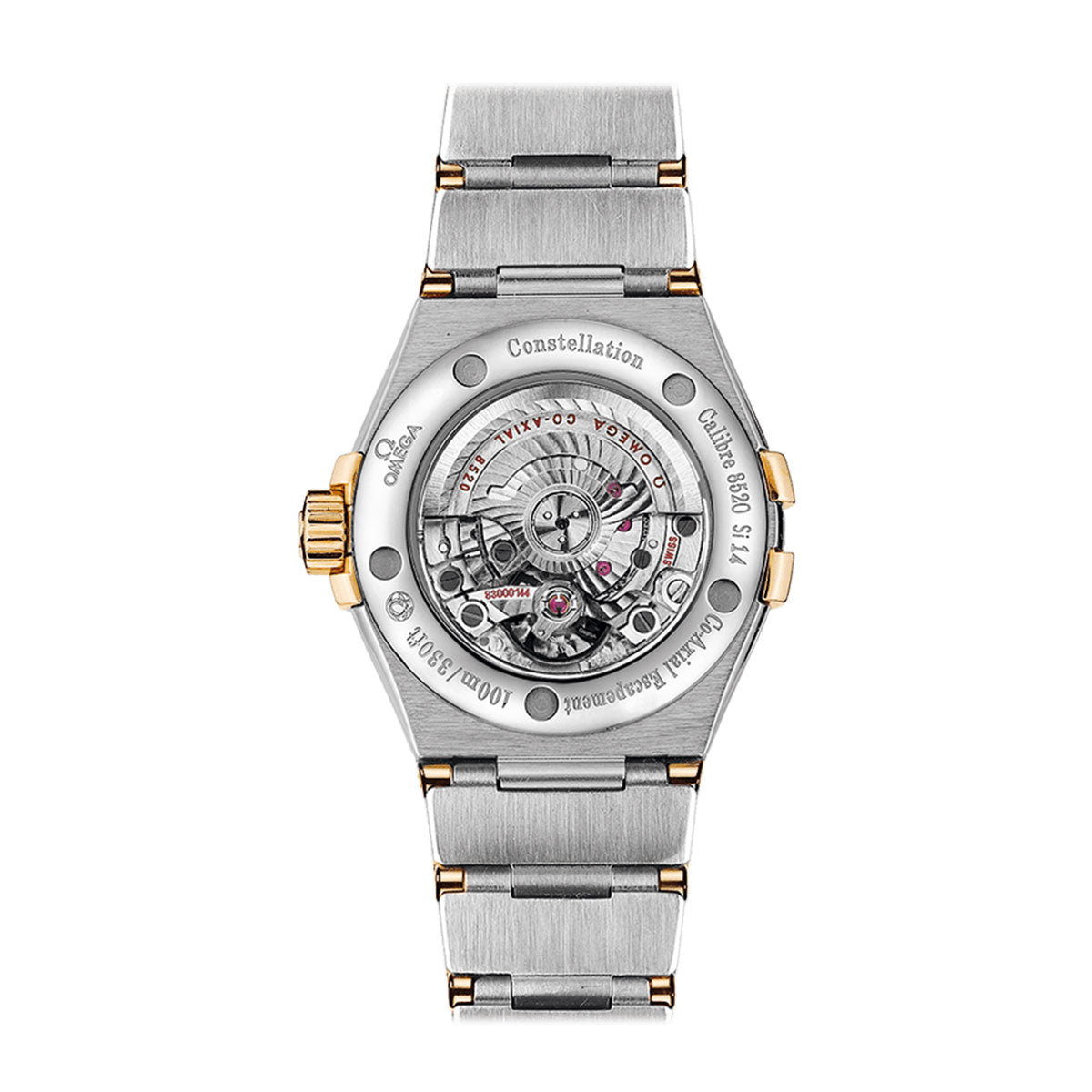 The image displays the back view of the OMEGA Constellation Co-Axial Chronometer 31mm Watch, featuring a sophisticated silver and gold bracelet. This luxury timepiece highlights an exposed mechanical movement with visible gears and intricate details. The design is further enhanced by its elegant 18K yellow gold bezel, offering a touch of refinement to this watch from OMEGA.