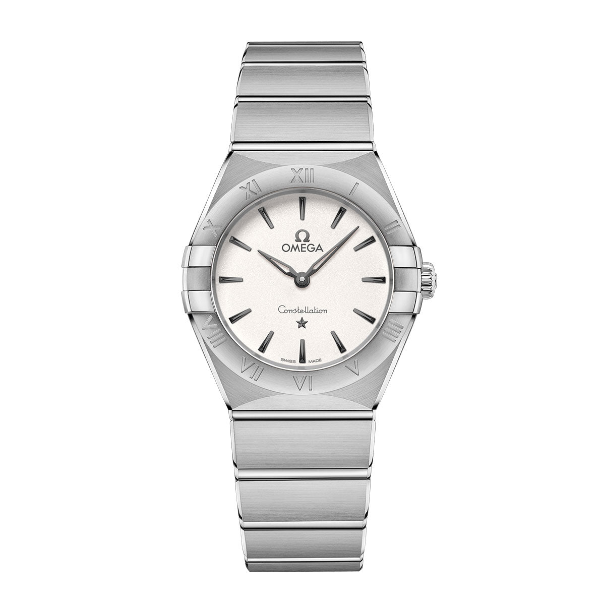 The OMEGA Constellation Quartz 28mm Watch, with a stainless steel bracelet and silver finish, features a round face accented by Roman numerals on the bezel. Its understated white dial with minimalistic hour markers is elegantly highlighted by the Omega logo and "Constellation" inscription.