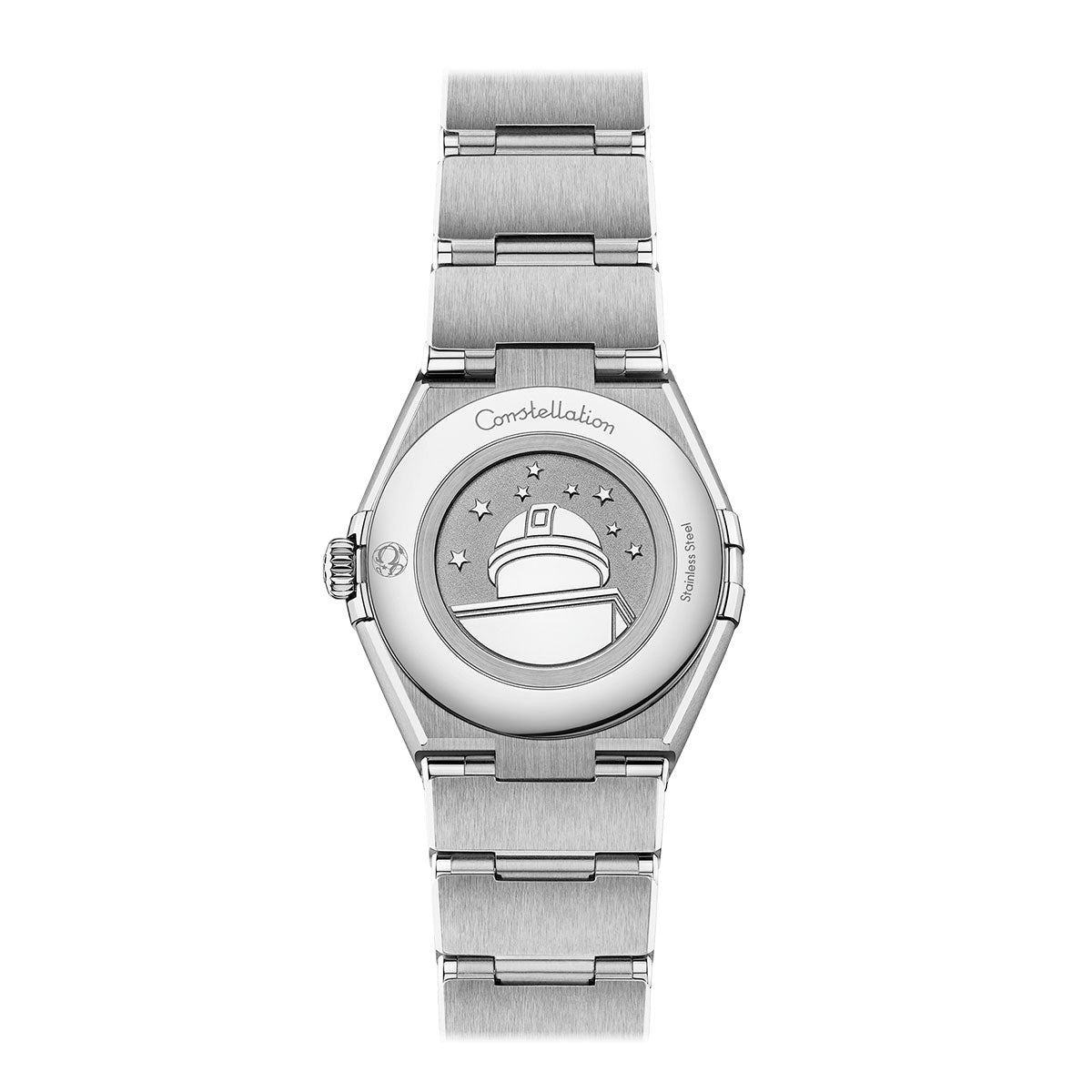 A rear view of the OMEGA Constellation Quartz 28mm Watch reveals its silver finish and stainless steel bracelet, with the case back adorned by an engraving of an observatory encircled by stars. It is accentuated by Roman numerals, the word "Constellation," and proudly bears the label "OMEGA Swiss Made.